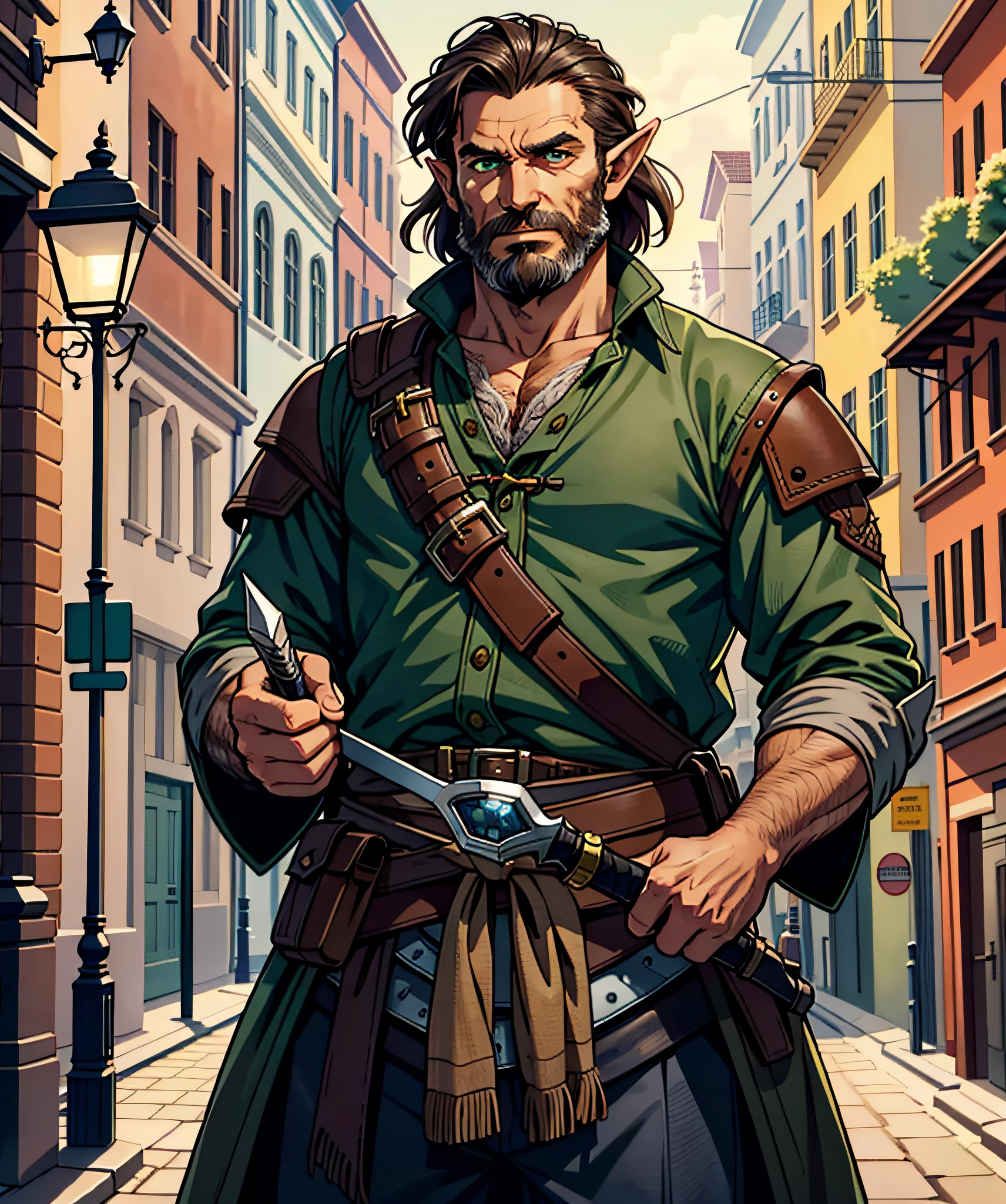 A middle-aged half-elf wearing rugged traveling clothes and a large brown coat. He has short, dark hair and a well maintained beard with grey hairs creeping in. He wields a rapier and a dagger, and keeps a spellbook in a sling on his waist. He stands on the streets of a Victorian-era fantasy city, looking ahead with confidence and a sly knowingness in his green eyes.