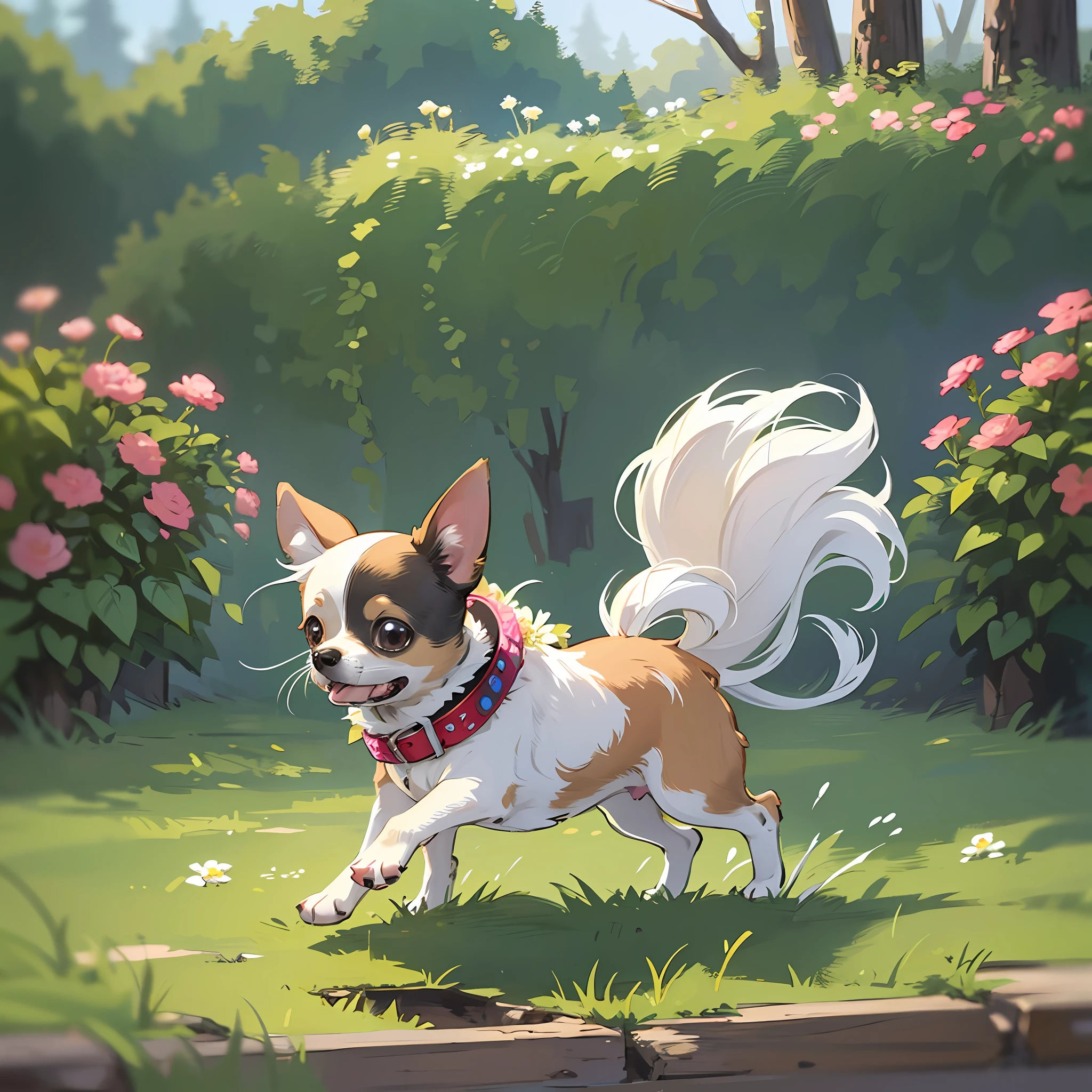 (cute chihuahua dog, same figure, front, side, back), big eyes, happy, white hair, LINEART, casual style, running, forest, flowers, trend --auto --s2