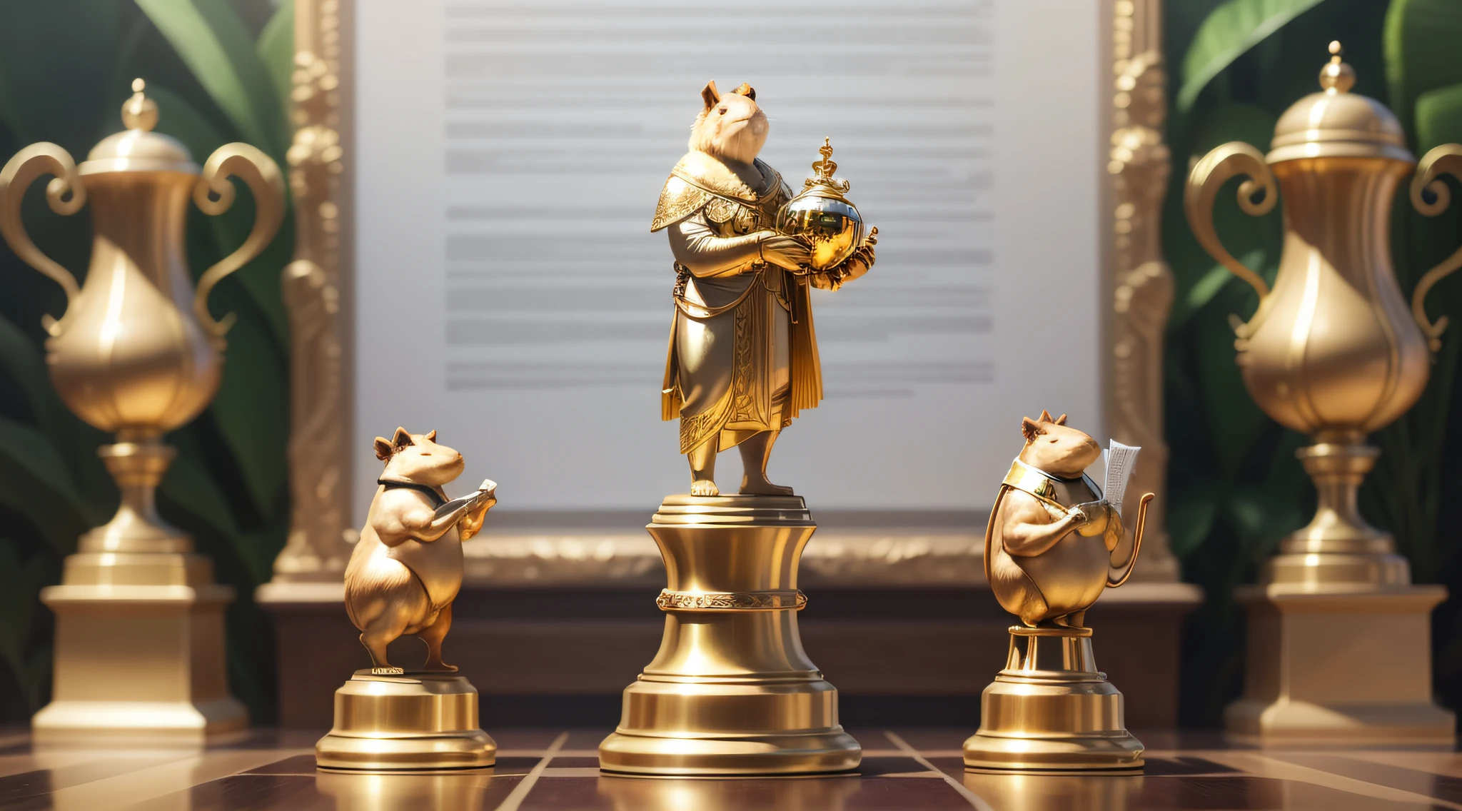 You must create an impressive trophy with a capybara standing, which will be the trophy itself. The capybara will be holding a chess piece in his hand, representing the king. The capybara will be made of gold, with precise and realistic details.

The trophy holder will be rounded and made of ivory and mahogany, creating an elegant base for the capybara. The support should be proportional to the size of the trophy and harmonize with the figure of the capybara.

On the front of the trophy, on a metal plaque, should be written in Portuguese: "CapivariSimão Trophy 2023 - The Award for the best capybara of 2023". This inscription must be clear, legible and give a prominent aspect to the trophy.

Pay attention to detail, both on the capybara and on the stand and inscription, to create a top-notch piece that conveys the importance of the trophy.

Now, use your skills to bring this unique and impressive trophy to life, following all the guidelines provided. --auto --s2