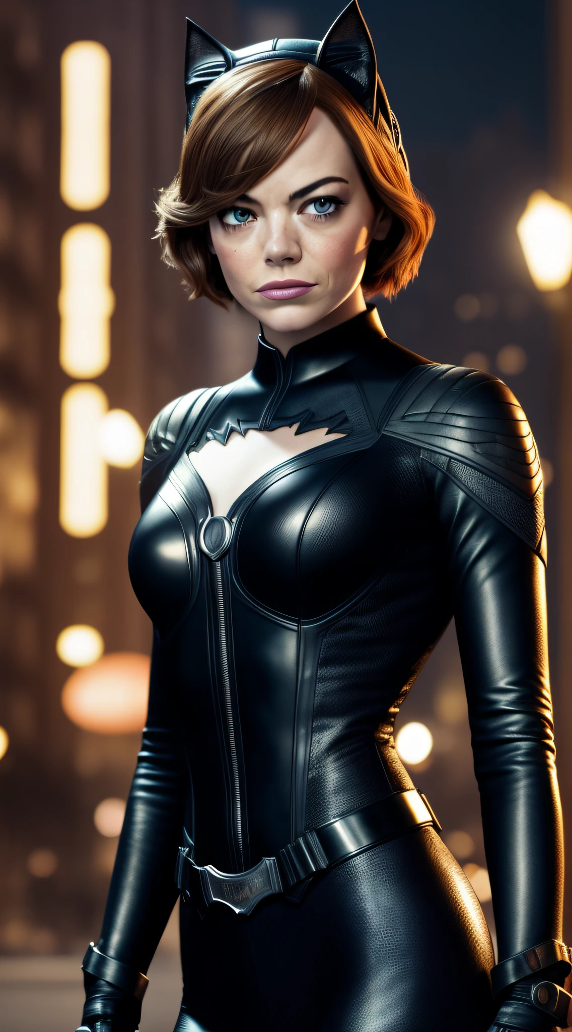 intricate details, emma stone, such as catwoman, classic comic book outfit, featured face, a new york landscape at night, perfect features, dramatic, cinematic lighting, highlight lighting, SSAA, smooth rendering, no noise testing, social realism, realism, ray tracing, reflection light, high quality, high details, super detail, 8k, 16k, best quality