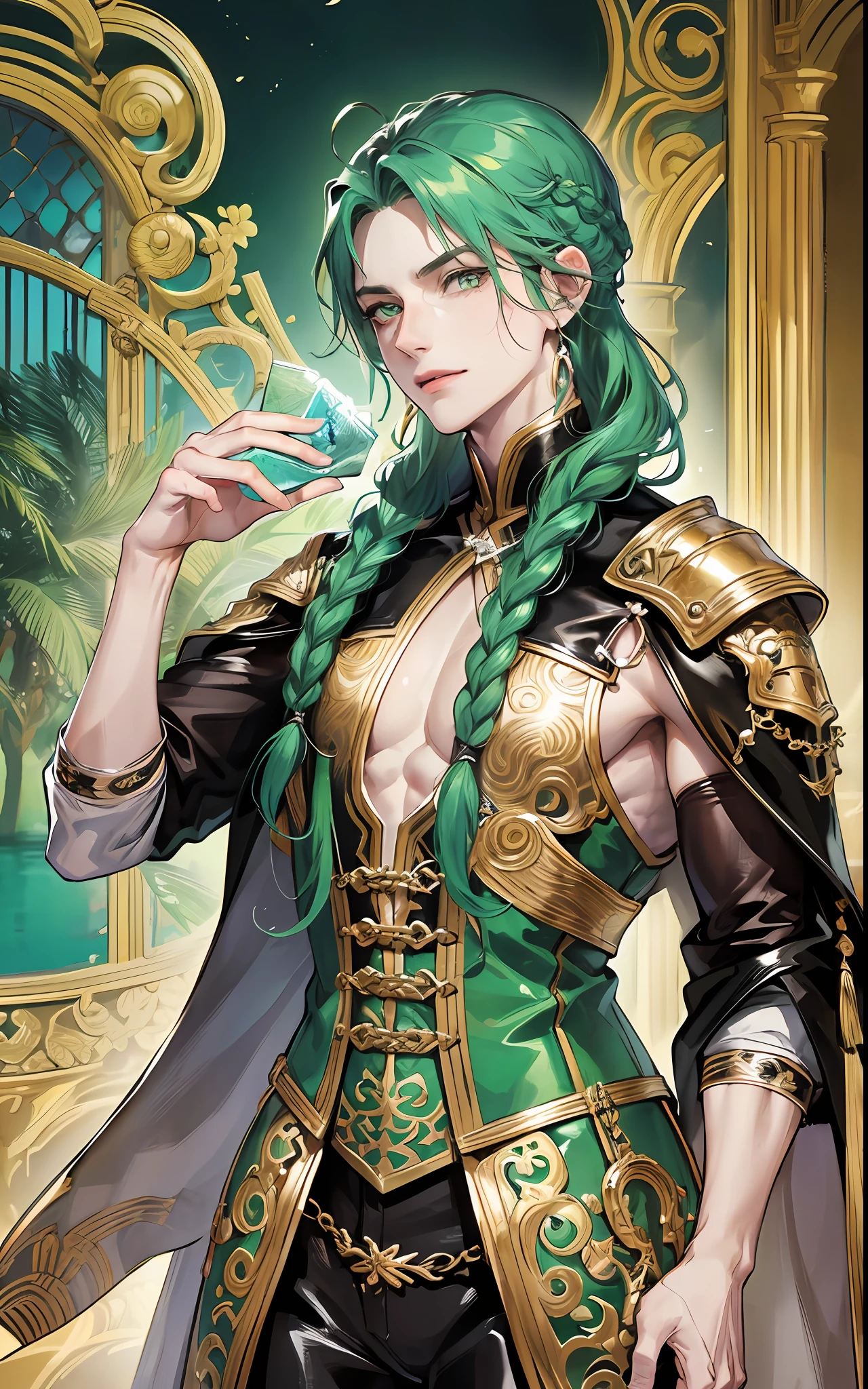 man, masculine, masculine face, attractive, muscular, ((1man)), masterpiece, absurdres, best quality ,intricate details , (shiny skin, shiny body, shiny oily luster skin, shiny hair, pale skintone), Sundown, attractive, ((muscular)), adult, one,medieval clothes, earrings, black pants, Don't look at the view , Not looking at the view, jade green hair, braided hair, perfect detailed face, perfect detailed hands, dragon horns, green eyes, ((MLS)), smirk, medium large shoot