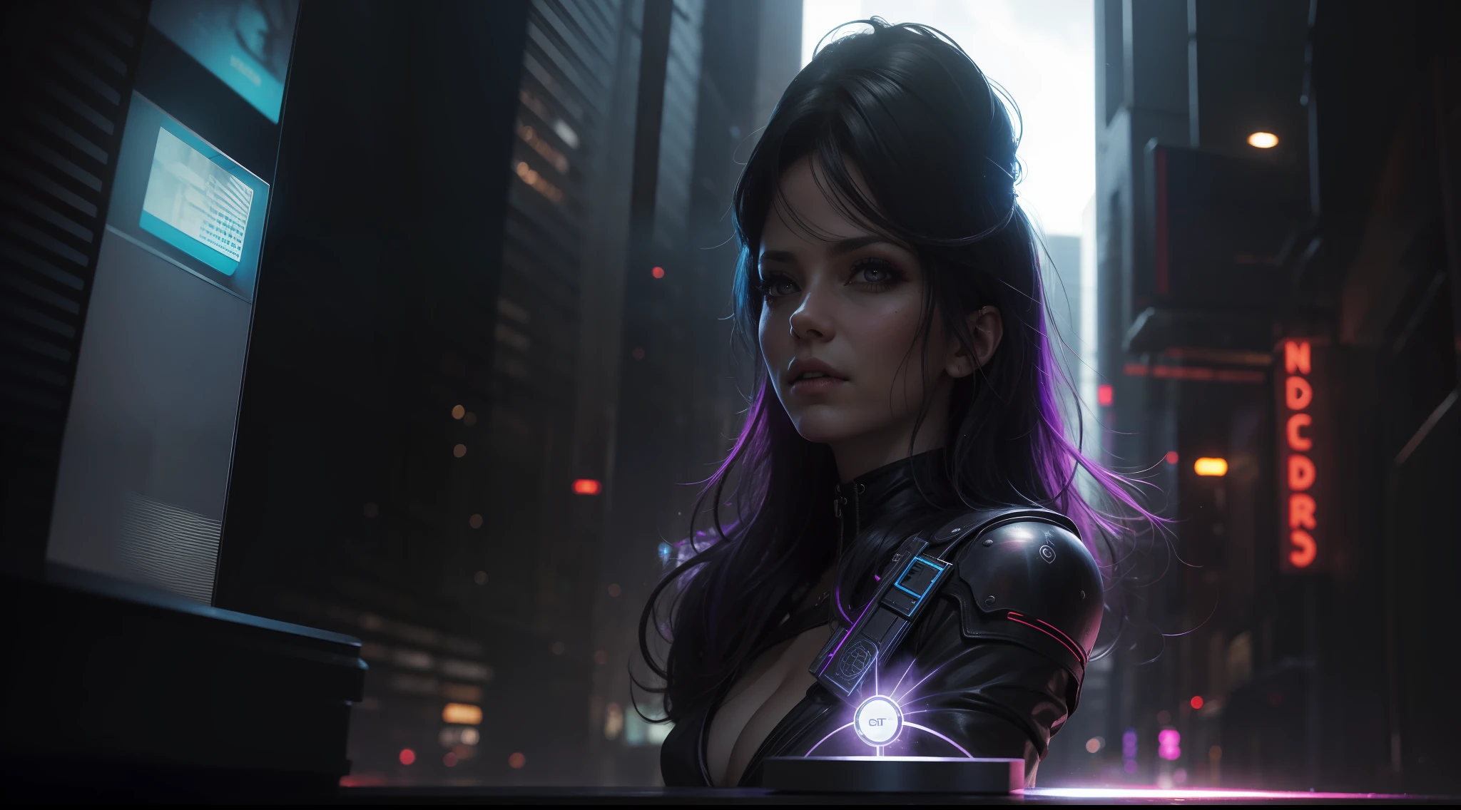 Award-winning photo from the waist up, a beautiful sorceress, in a cyberpunk world, vibrant, photorealistic, realistic, dramatic, dark, sharp focus, 8K