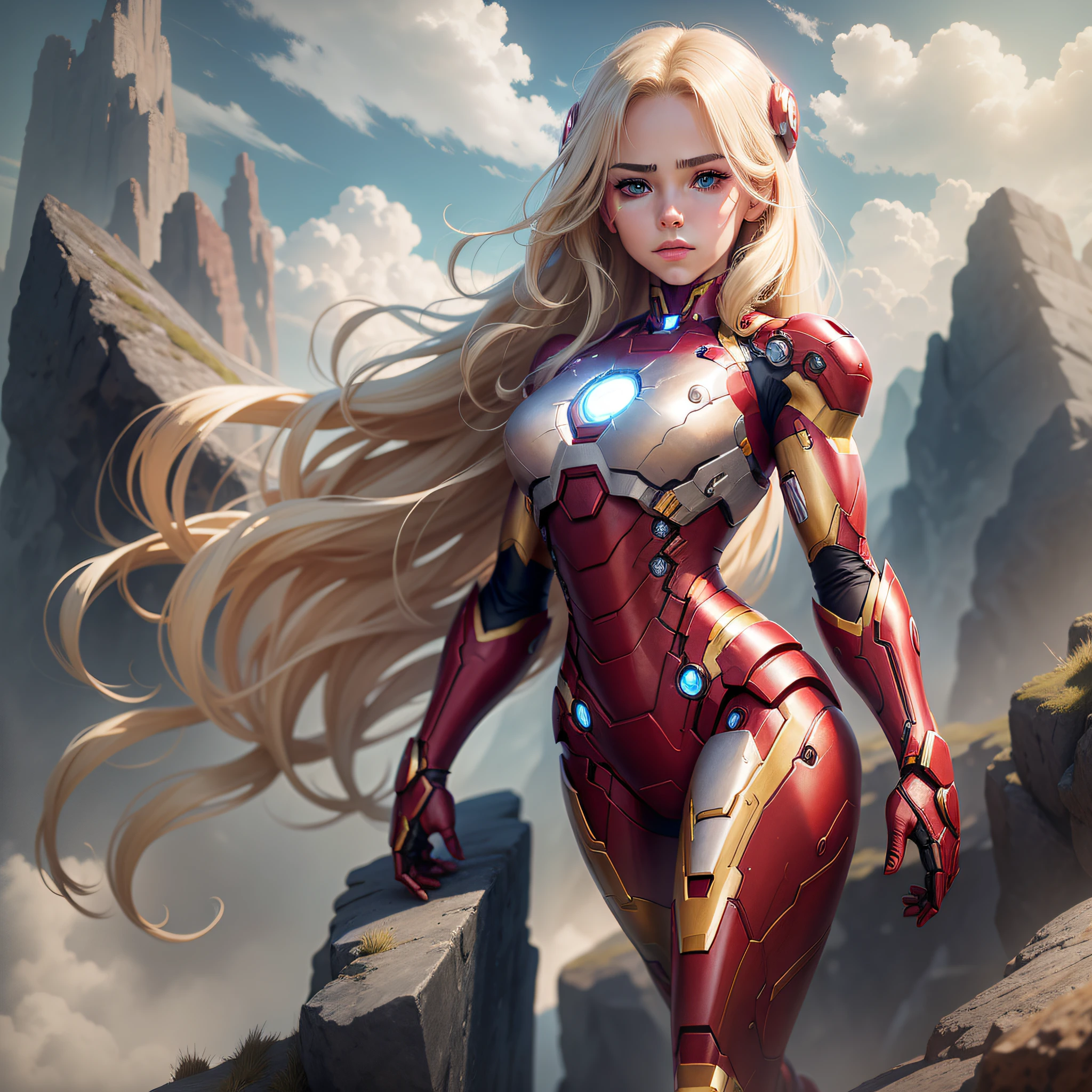 Woman, defined body, small breasts, straight blonde hair falling in front, heterochromia, iron man fantasy, on top of a mountain