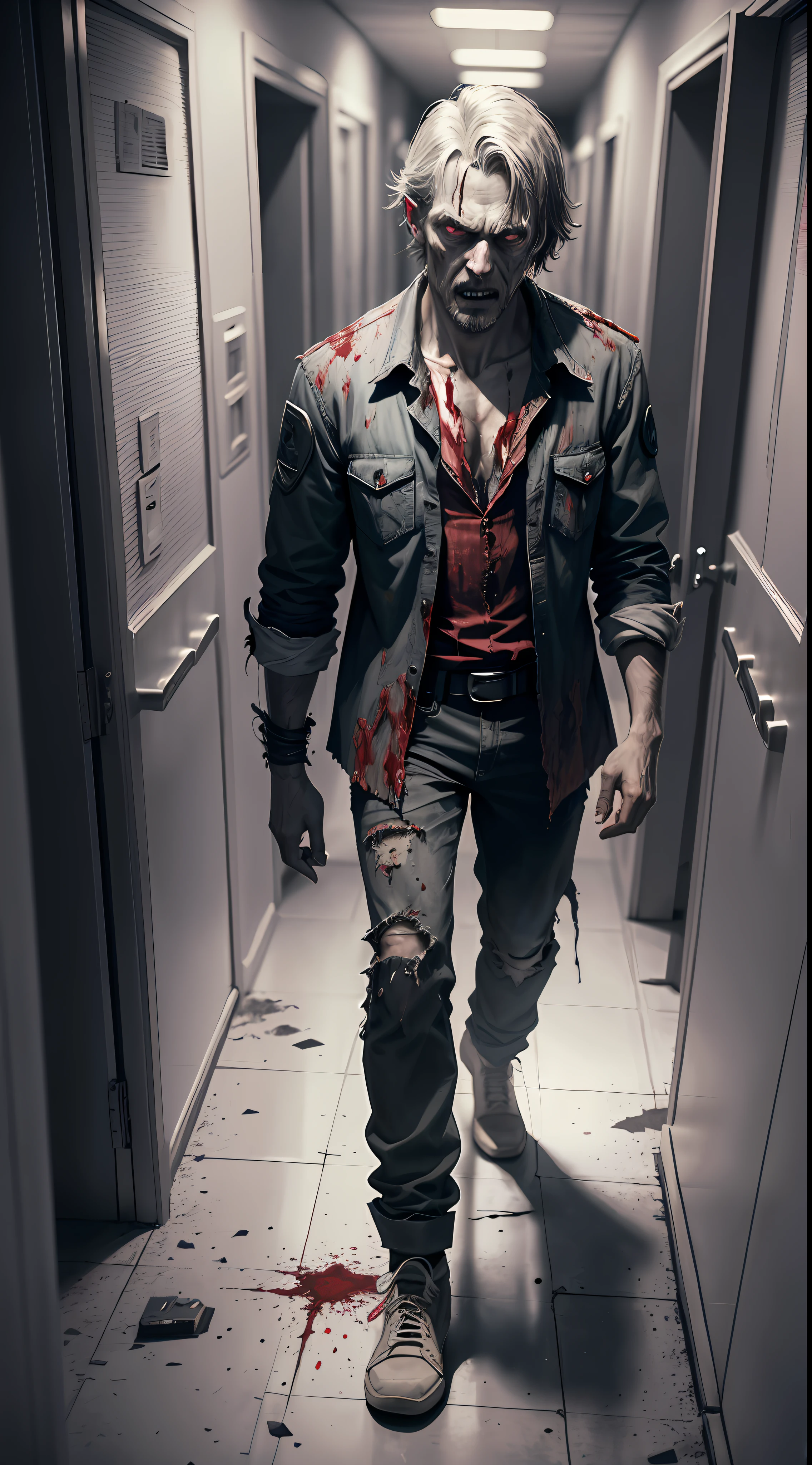 The virus finally begins, consuming the man's face, zombie eyes, zombie close-up, torn and blood-stained clothes, looking at the scenes, the background narrow and scary corridor, volumetric lighting, real life, wide-angle, highly detailed, low contrast, horror