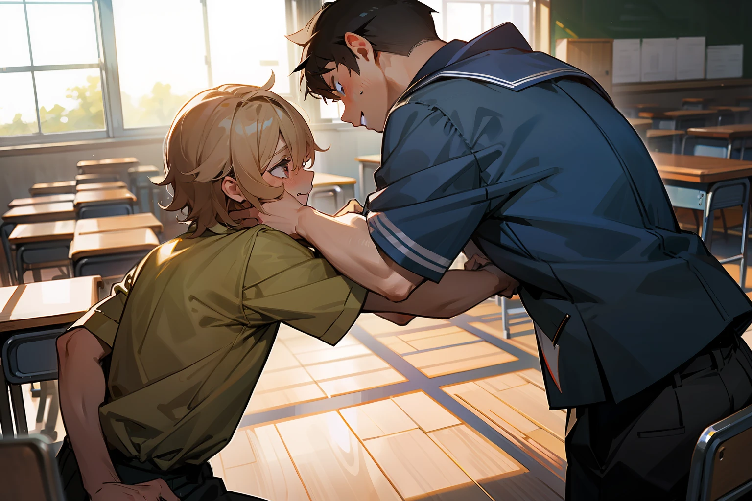 A bully bullying the boy, classroom, school