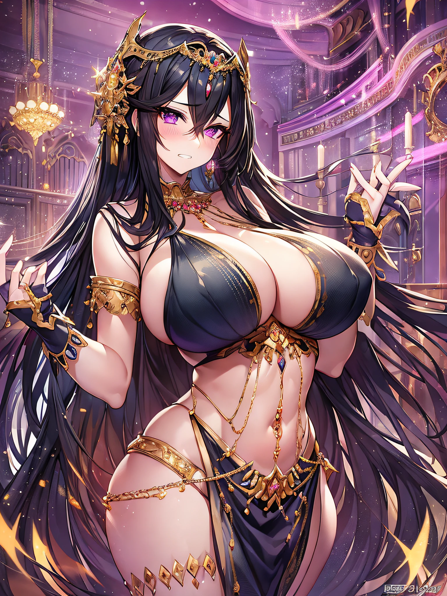 ((vulgarity)),((anime moe artstyle)),((Masterpiece)), (Best Quality), (Super Detail), Illustration, ((Very Delicate and Beautiful)),Dynamic Angle,Looking at viewer,((((Solo)))),(((Full body))),(((1 arrogant empress standing in the royal bedroom))),((nude)),((((gigantic breasts)))),cleavage,((((Gorgeous jeweled Nipple pasties)))),erect nipple,(((jeweled crotch))),(gold trim),(arrogant),((clenched teeth)),(((blush))),(Purple eyes),Sharp eyes,Detailed Face, Long Eyelashes,Jet Black Hair,Straight Hair,((Very Long Hair)),((Bangs between eyes)),((curvy)),navel piacing, waist jeweled brooch,jeweled thigh strap, jeweled arm ring, anklet, jeweled armlet,long gloves,Beautifully Gorgeous jeweled big tiara,Beautifully Gorgeous gem earrings,Beautifully Gorgeous jeweled necklace,Beautifully Gorgeous jeweled ornaments,indoor,light particles,royal bedroom,