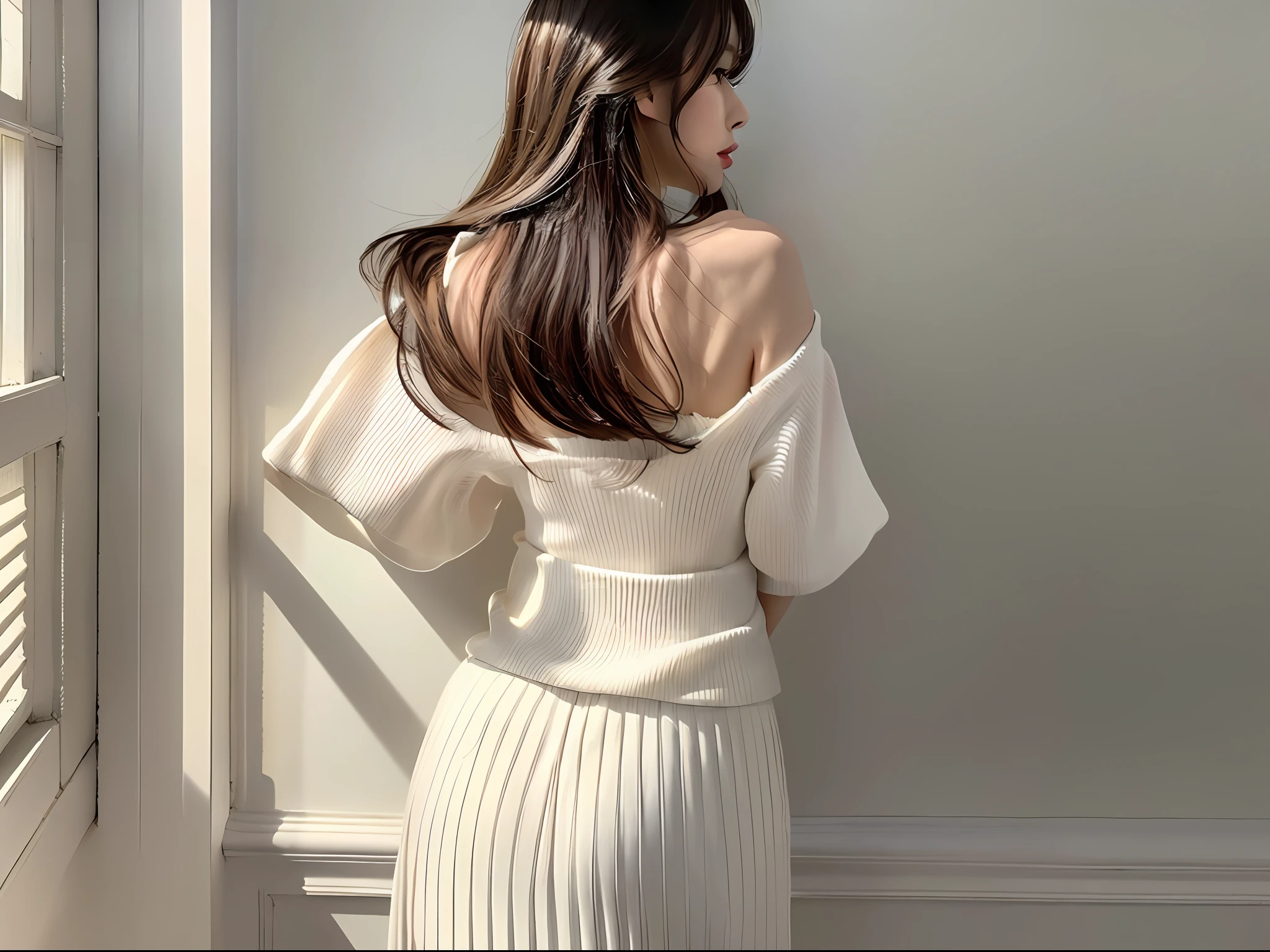 (8k, highest quality, masterpiece: 1.2), (hair_style), (realistic, photorealistic: 1.37), plump eyes, highest quality, masterpiece, ((standing in front of a white wall)), gradient lighting, Japan models, [small breasts], professional lighting, (hair reflecting in the light), shooting from the waist up, angle from behind, shot in a room with light, Fashion style of Japan trends of 2023, realistic, super detailed, 30s, cute, actress, elaborate CG, slender, hairstyle is straight straight hair, delicate skin type, (emphasizes the luster of hair from behind), hands placed at the mouth, short length T-shirt, whitish long skirt,