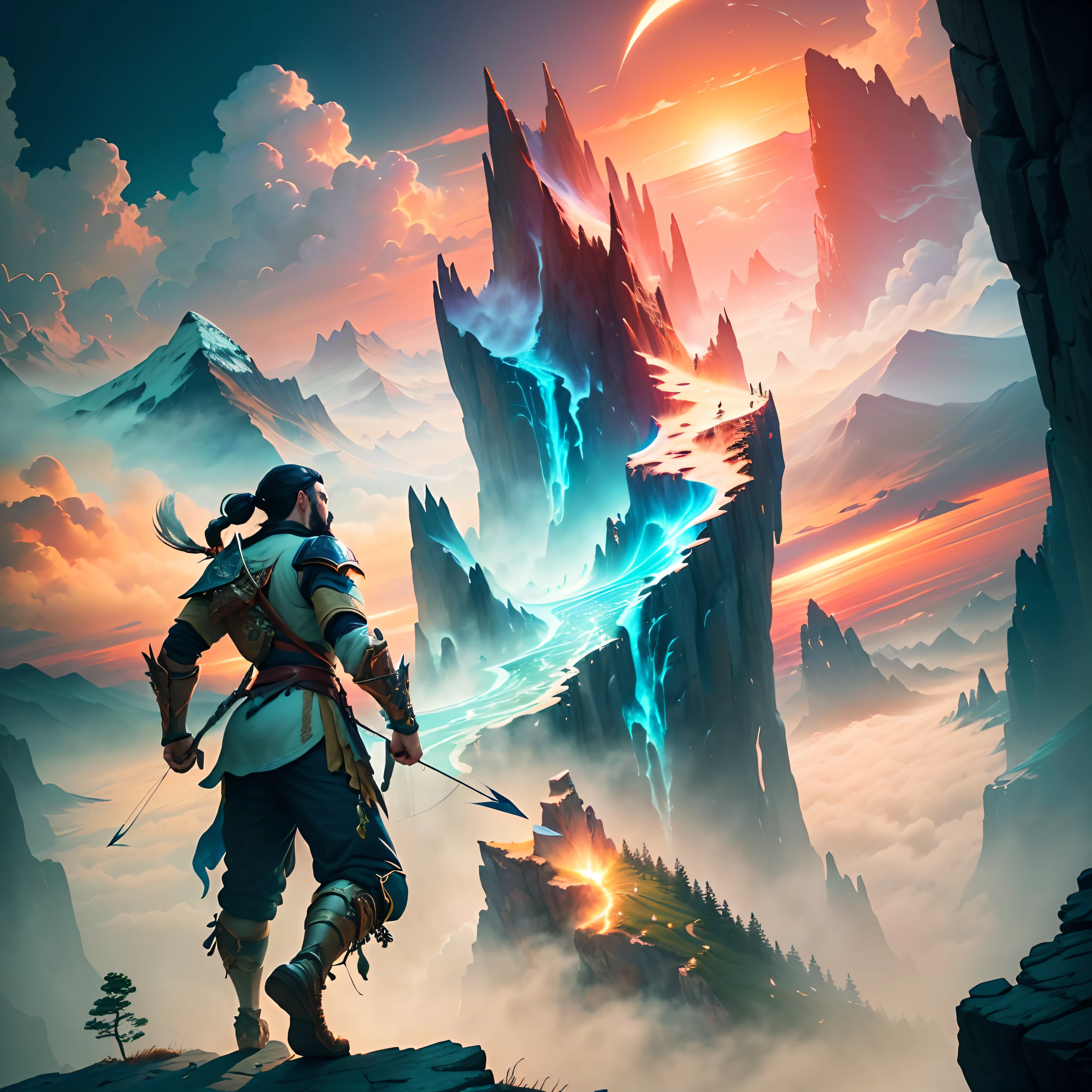 Injured Hanzo stands at the foot of a mountain, looking up at the sunset-filled sky with his bow and arrow in hand, aiming at a dragon hidden within the clouds. The illustration style is reminiscent of American comic books with colorful, vivid details rendered in oil paint to add texture and depth. The illustration has a cinematic quality with high-quality lighting effects rendered using Blender and Unreal Engine for the highest level of detail. The background of the scene is cool-toned, conveying a sense of melancholy and sadness