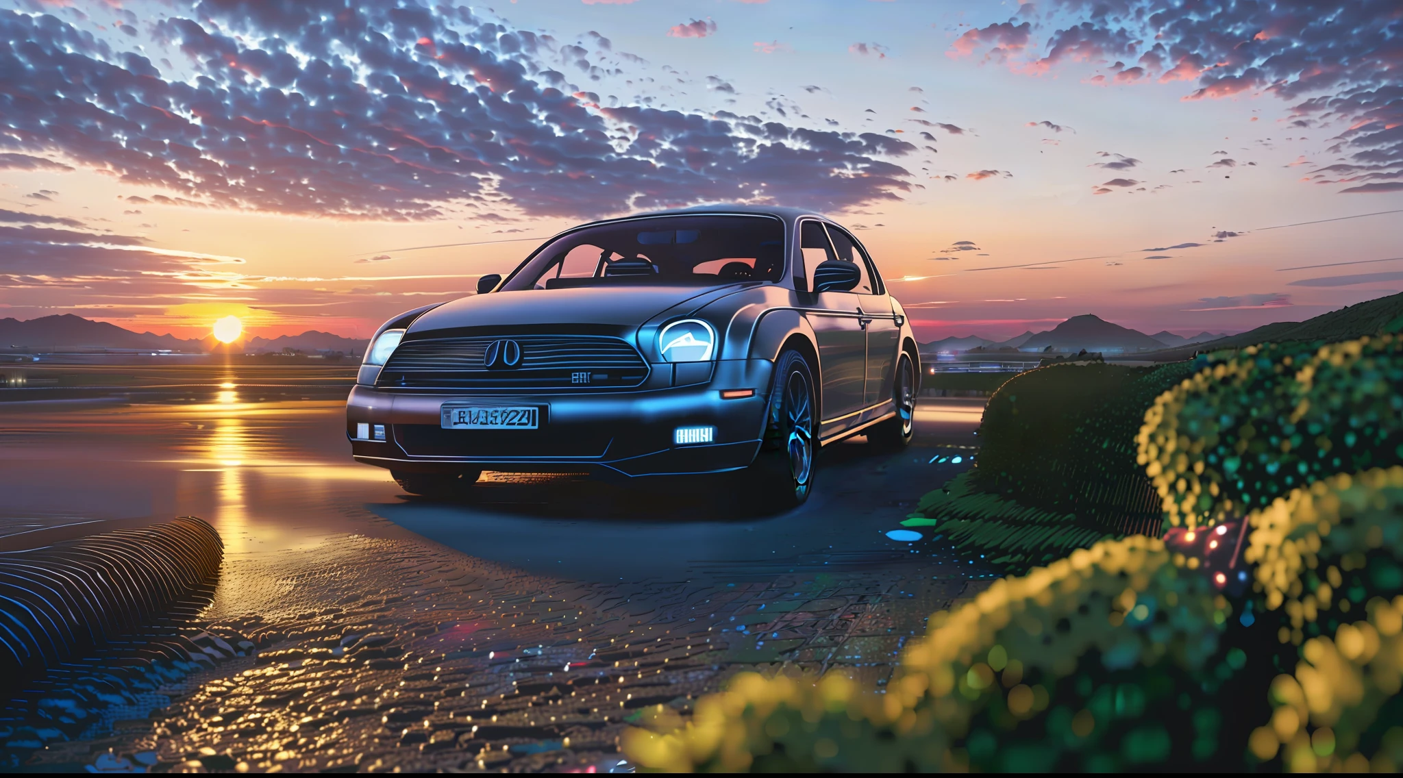 "Car in front of the beach during sunset, using the high beams, with RTX lighting accentuating every detail of the landscape as the light dims, creating a mysterious mood in a realistic and immersive setting. All this in a very high resolution 8k image."