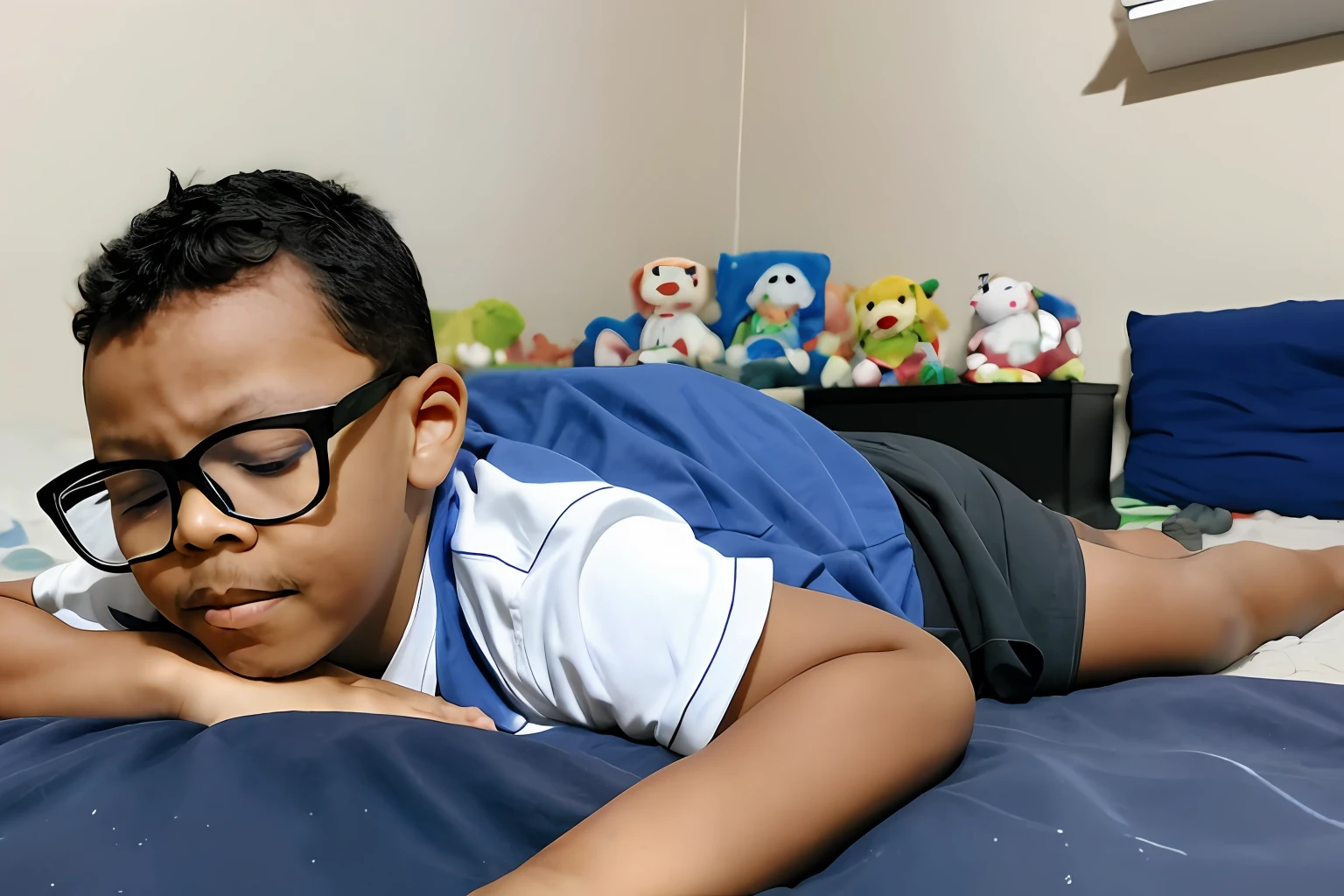 guttonerdvision5, a 3-year-old boy wearing glasses, lying on his bed with his head on the pillow resting peacefully