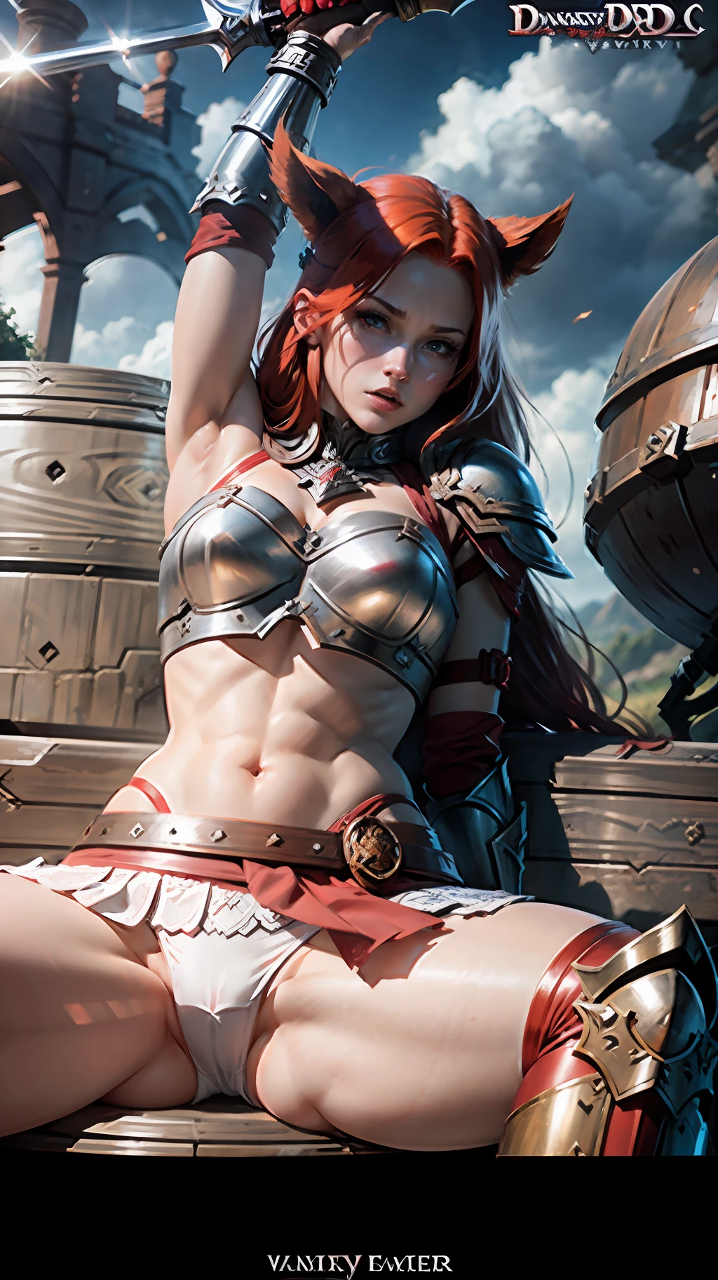 Redhead warrior, fantasy, best quality, 8k, wallpaper, hyper detailed, hyper realistic, red skirt, white panties, panties appearing, thong, realistic, D&D, cameltoe, sitting, legs open, pantyshot, upskirt, Steel gauntlets, steel boots, steel breastplate, RAW,