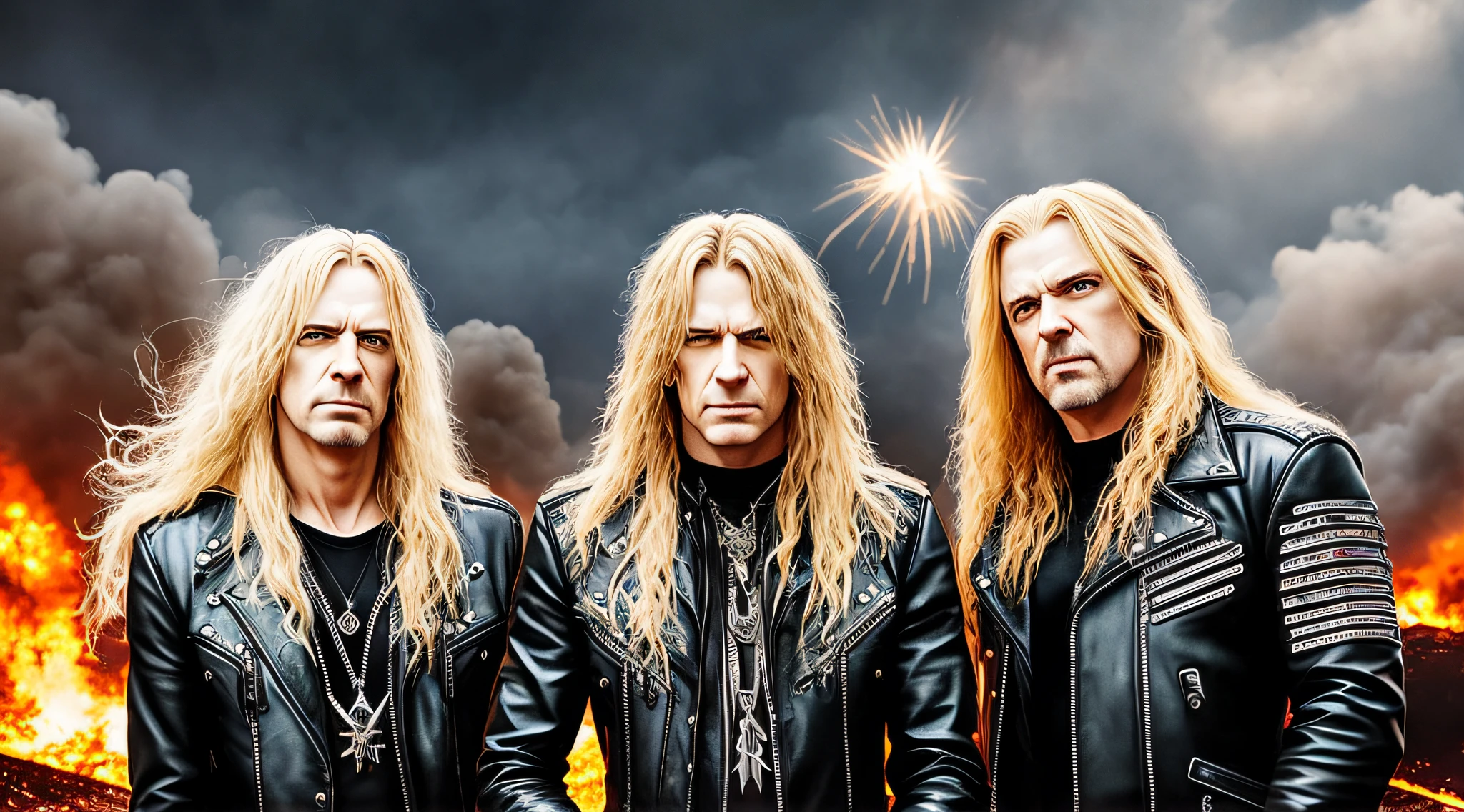 Three BLONDE MEN in leather clothes standing in front of a big explosion, BULLET BELT, METAL BRACELETS, Heavy metal promo band, Thrash metal, Heavy Rock band promo photo, Arch Enemy, Burning in Hell, New Wave of British Heavy Metal, Long Blonde Flaming Hair, Heavy Metal The Movie, Destruction, Slayer, 2 0 0 6 Advertising Promo Shot,  Proto - Metal Band Promo, Megadeth, Death Metal Preparing --auto --s2