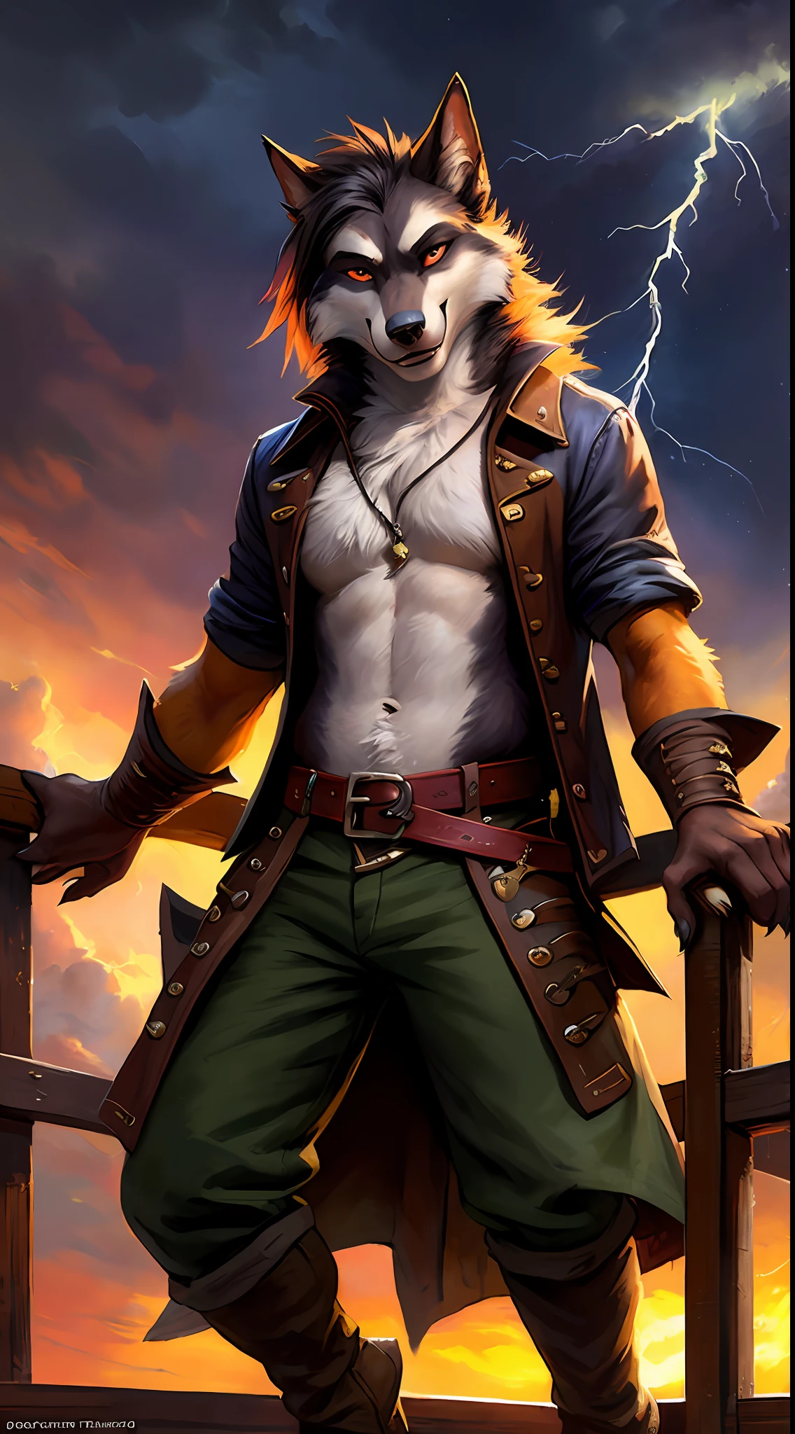 uploaded to e621, raw photo, realistic, anthro, detailed face, detailed fur, high resolution, beautiful and detailed portrait of Helluva Boss, Male Hellhound, kenket, Ross Tran,ruan jia, uploaded to e621, zaush, foxovh, cenematic lighting, pirate outfit, whole body, beautiful, enthusiastic face, solo, 1boy, on a pirate ship, strong thunderstorm in the background, lightning, severe weather