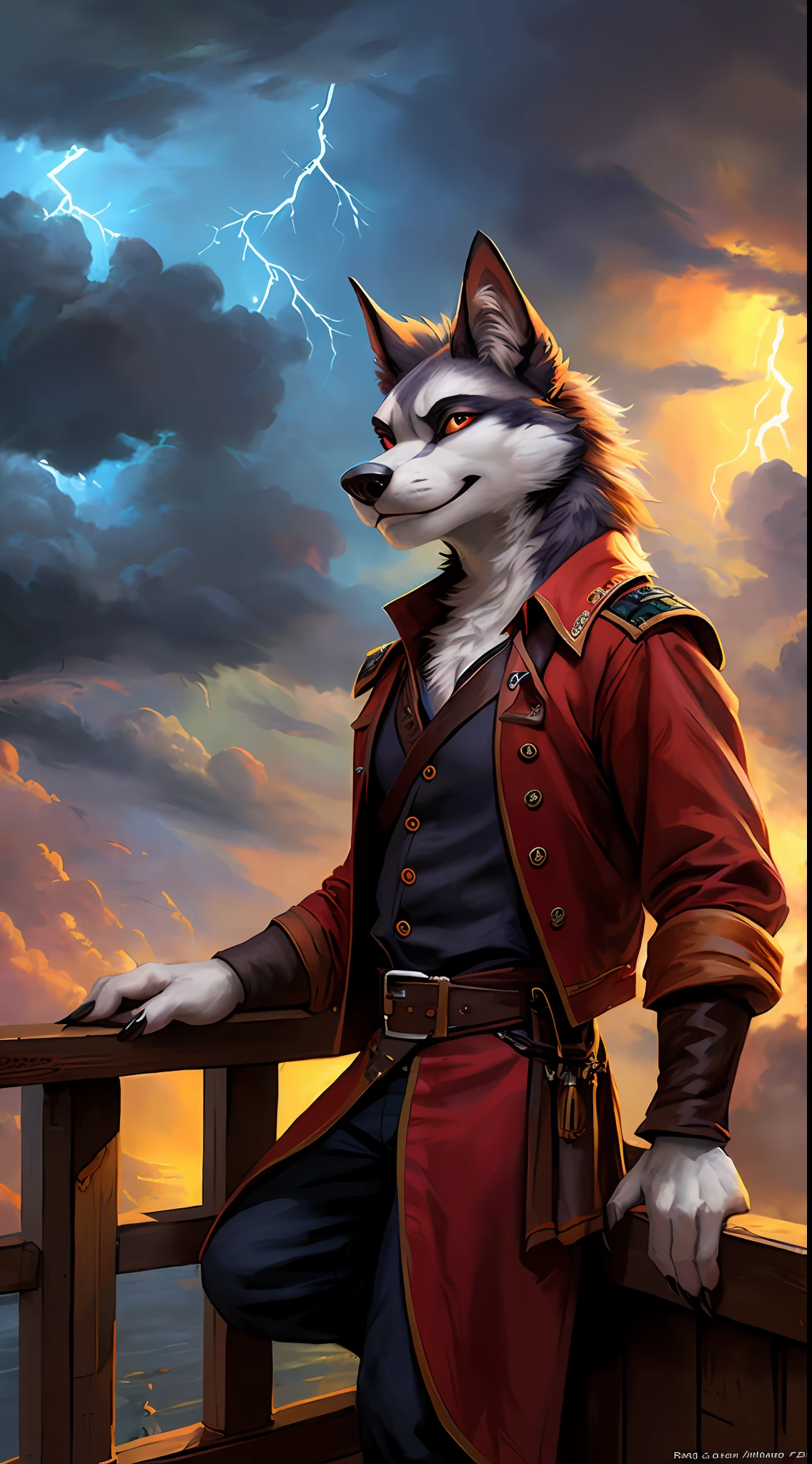 uploaded to e621, raw photo, realistic, anthro, detailed face, detailed fur, high resolution, beautiful and detailed portrait of Helluva Boss, Male Hellhound, kenket, Ross Tran,ruan jia, uploaded to e621, zaush, foxovh, cenematic lighting, pirate outfit, whole body, beautiful, enthusiastic face, solo, 1boy, on a pirate ship, strong thunderstorm in the background, lightning, severe weather