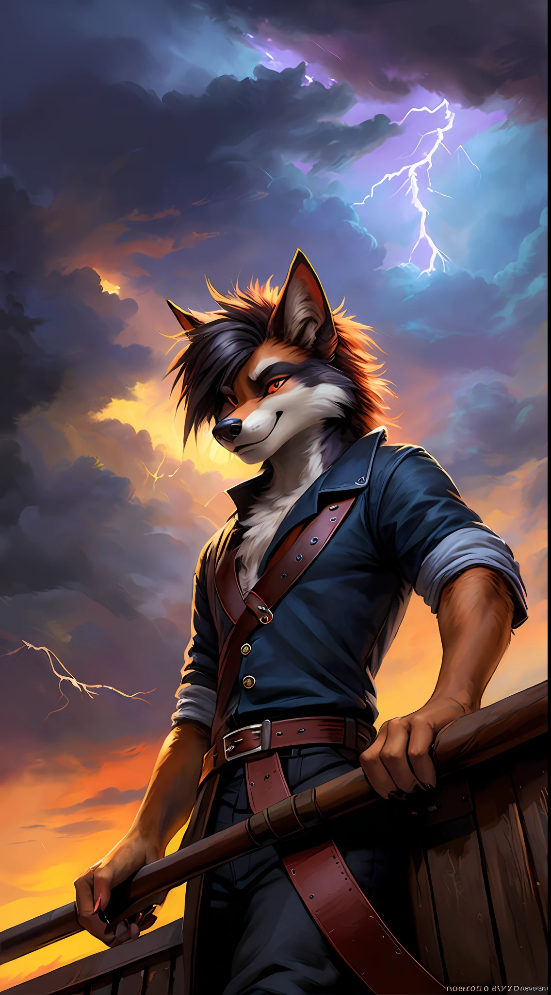 uploaded to e621, raw photo, realistic, anthro, detailed face, detailed fur, high resolution, beautiful and detailed portrait of Helluva Boss, Male Hellhound, kenket, Ross Tran,ruan jia, uploaded to e621, zaush, foxovh, cenematic lighting, pirate outfit, whole body, beautiful, enthusiastic face, solo, 1boy, on a pirate ship, strong thunderstorm in the background, lightning, severe weather