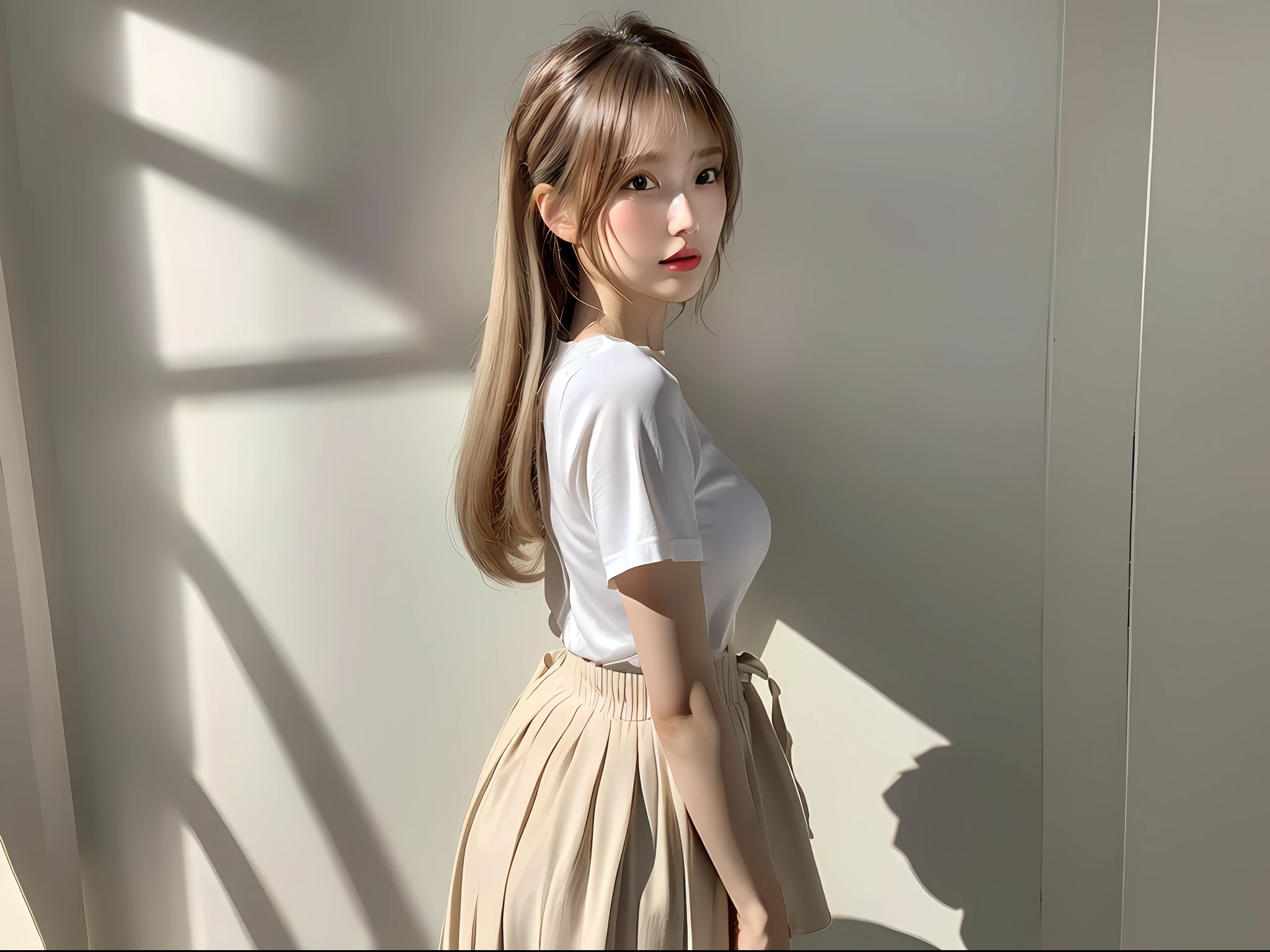 (8k, highest quality, masterpiece: 1.2), (hair_style), (realistic, photorealistic: 1.37), plump eyes, highest quality, masterpiece, ((standing in front of a white wall)), gradient lighting, Japan models, [small breasts], professional lighting, (hair reflecting in the light), shooting from the waist up, angle from behind, shot in a room with light, Fashion style of Japan trends of 2023, realistic, super detailed, 30s, cute, actress, elaborate CG, slender, hairstyle is straight straight hair, delicate skin type, (emphasizes the luster of hair), hands placed at the mouth, short length T-shirt, whitish skirt,