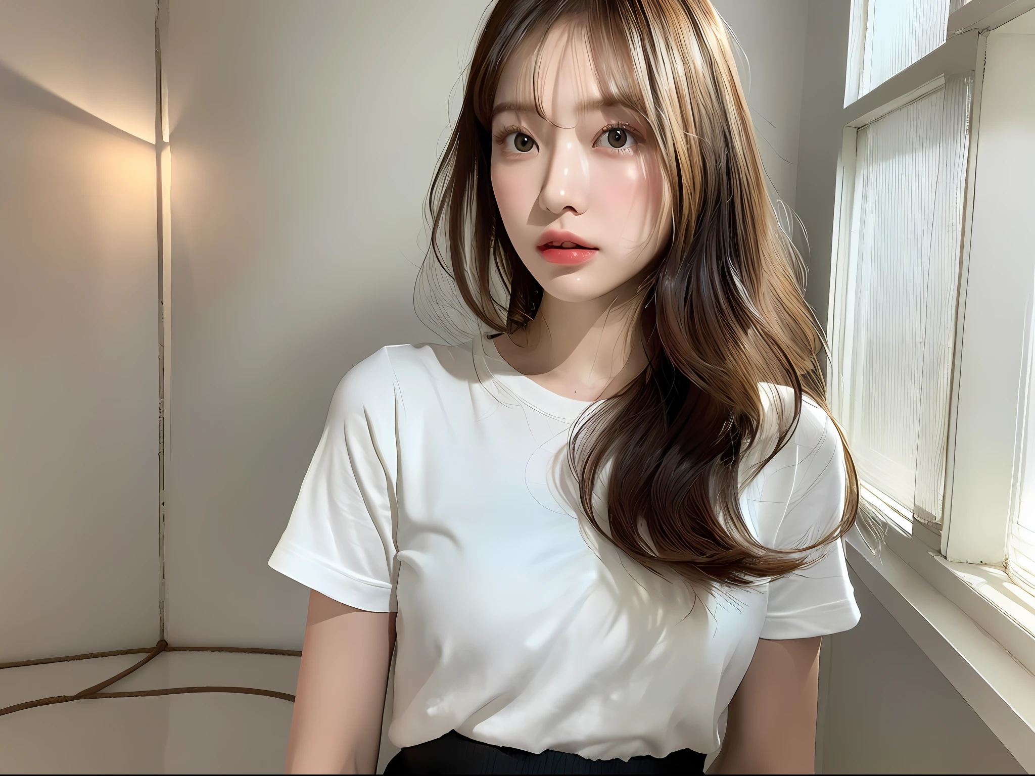 (8k, highest quality, masterpiece: 1.2), (hair_style), (realistic, photorealistic: 1.37), plump eyes, highest quality, masterpiece, ((standing in front of a white wall)), gradient lighting, Japan models, [small breasts], professional lighting, (hair reflecting in the light), shooting from the waist up, angle from behind, shot in a room with light, Fashion style of Japan trends of 2023, realistic, super detailed, 30s, cute, actress, elaborate CG, slender, hairstyle is straight straight hair, delicate skin type, (emphasizes the luster of hair), hands placed at the mouth, short length T-shirt, whitish skirt,