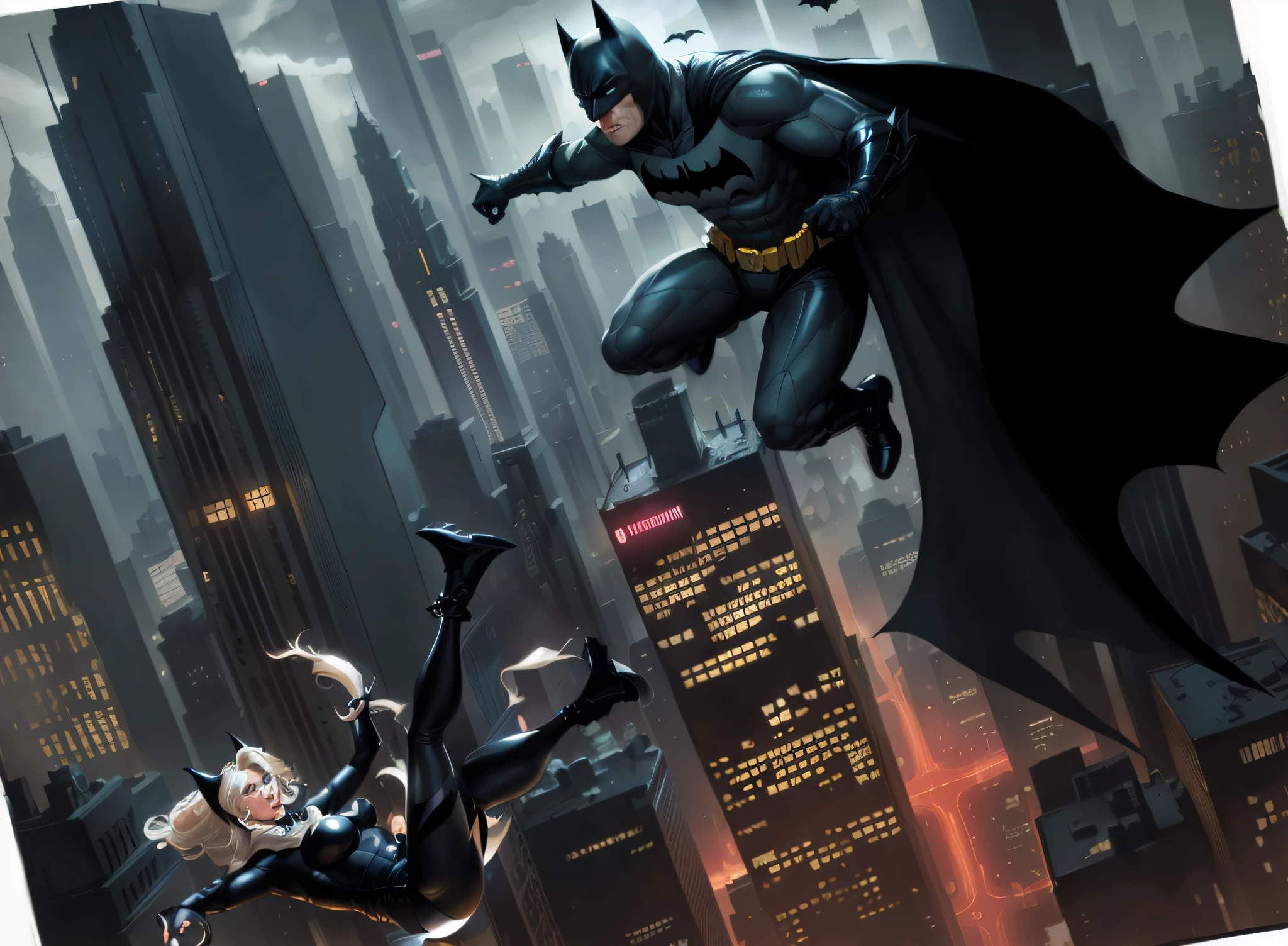 Batman and Woman-Fathoming on top of gothan city at night, Adam Hughes, background of Gotham City, Batman, Gotham, s --auto --s2