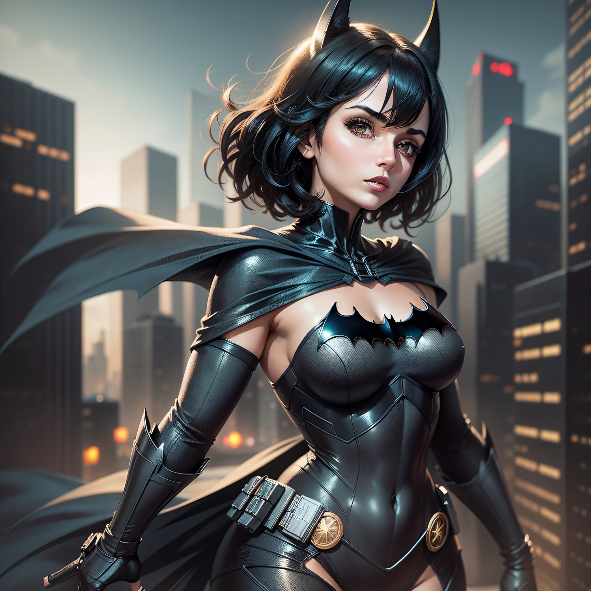 woman, defined body, small breasts, short straight black hair, two-colored heterochrome eyes, Batman costume, on top of a building at night