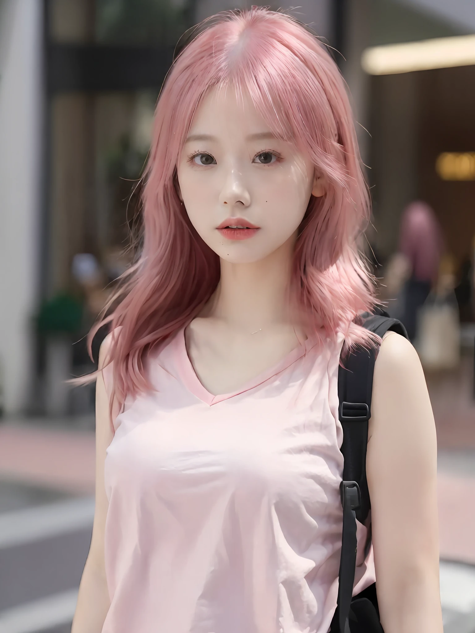 a close up of a person with a pink shirt and a backpack, pastel pink skin tone, korean girl, flowing pink hair, beautiful south korean woman, with pink hair, pink girl, gorgeous young korean woman, cute girl with short pink hair, pink pastel, beautiful young korean woman, (pink colors), pink hue, pastel pink, light pink hair, ulzzang