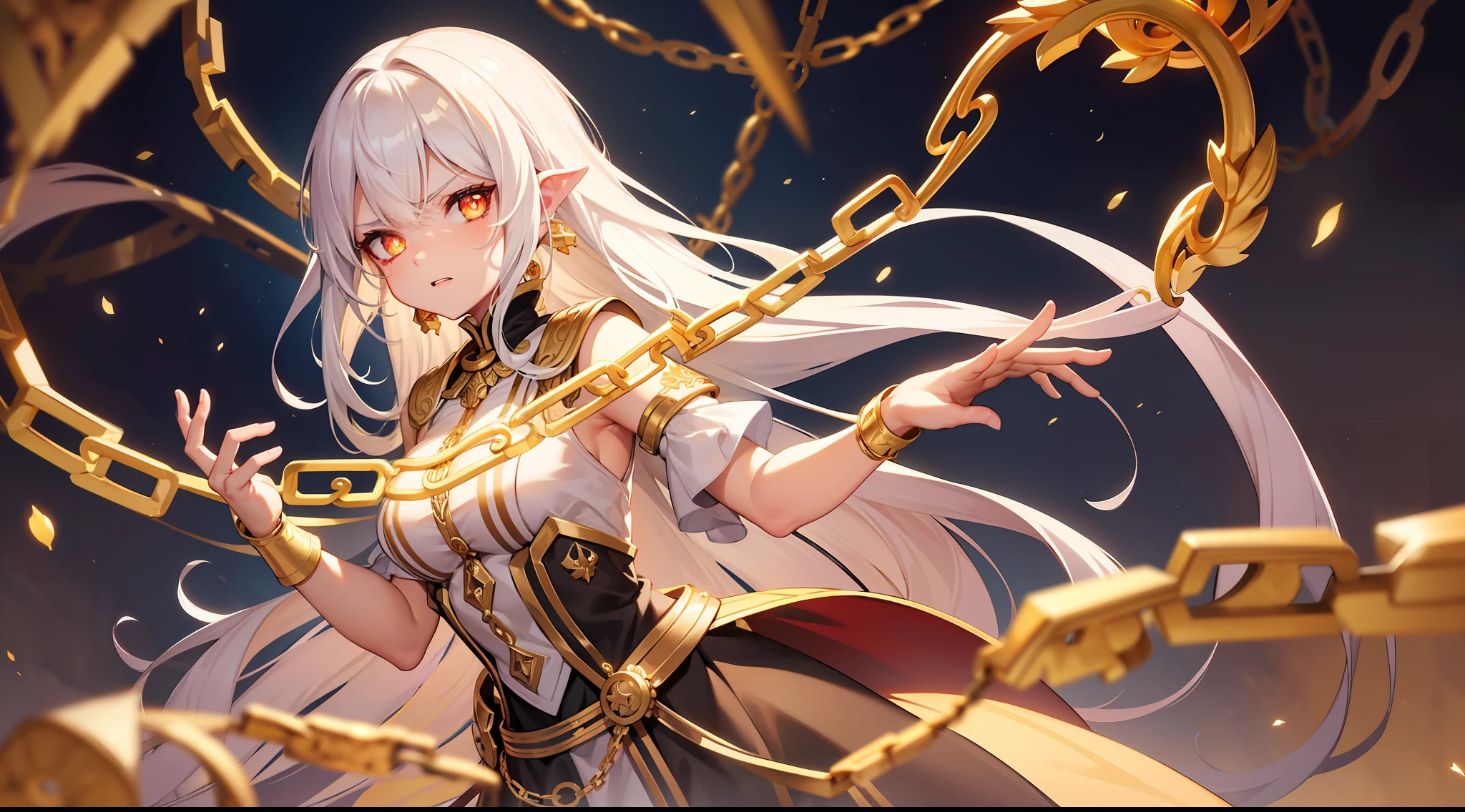 UHD, masterpiece, best quality, highres, full body, beautiful illustration, 1girl, white hair, long hair, golden-fire eyes, angry, teary eyes, multiple gold hair ornaments,tattered magic academy uniform, (four golden chains binding limbs:1.4), fantasy, runes in air, glowing pupils, depth of field, cinematic lighting, glowing red light, atmospheric perspective, glowing pupils,