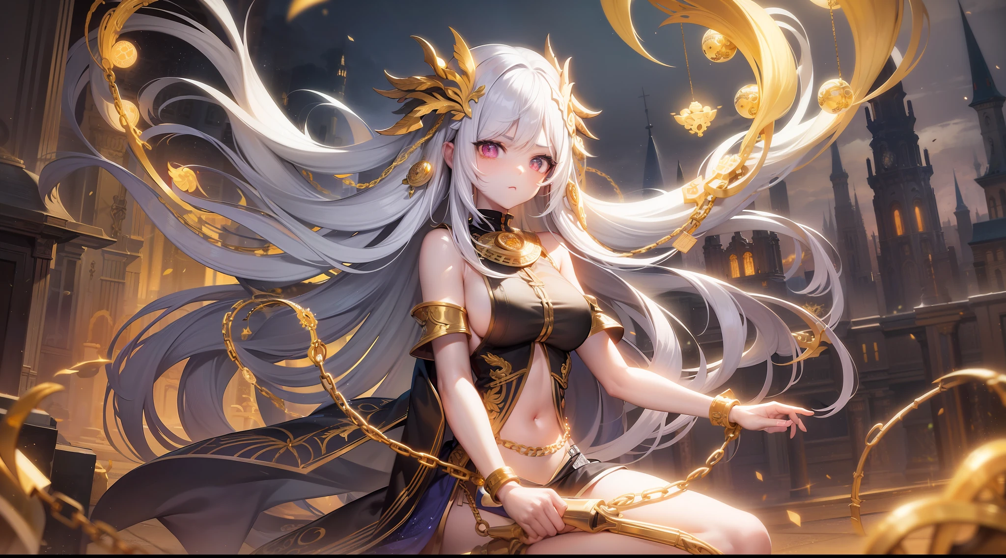 UHD, masterpiece, best quality, highres, full body, beautiful illustration, 1girl, white hair, long hair, golden-fire eyes, angry, teary eyes, multiple gold hair ornaments,tattered magic academy uniform, (four golden chains binding limbs:1.4), fantasy, runes in air, glowing pupils, depth of field, cinematic lighting, glowing red light, atmospheric perspective, glowing pupils,