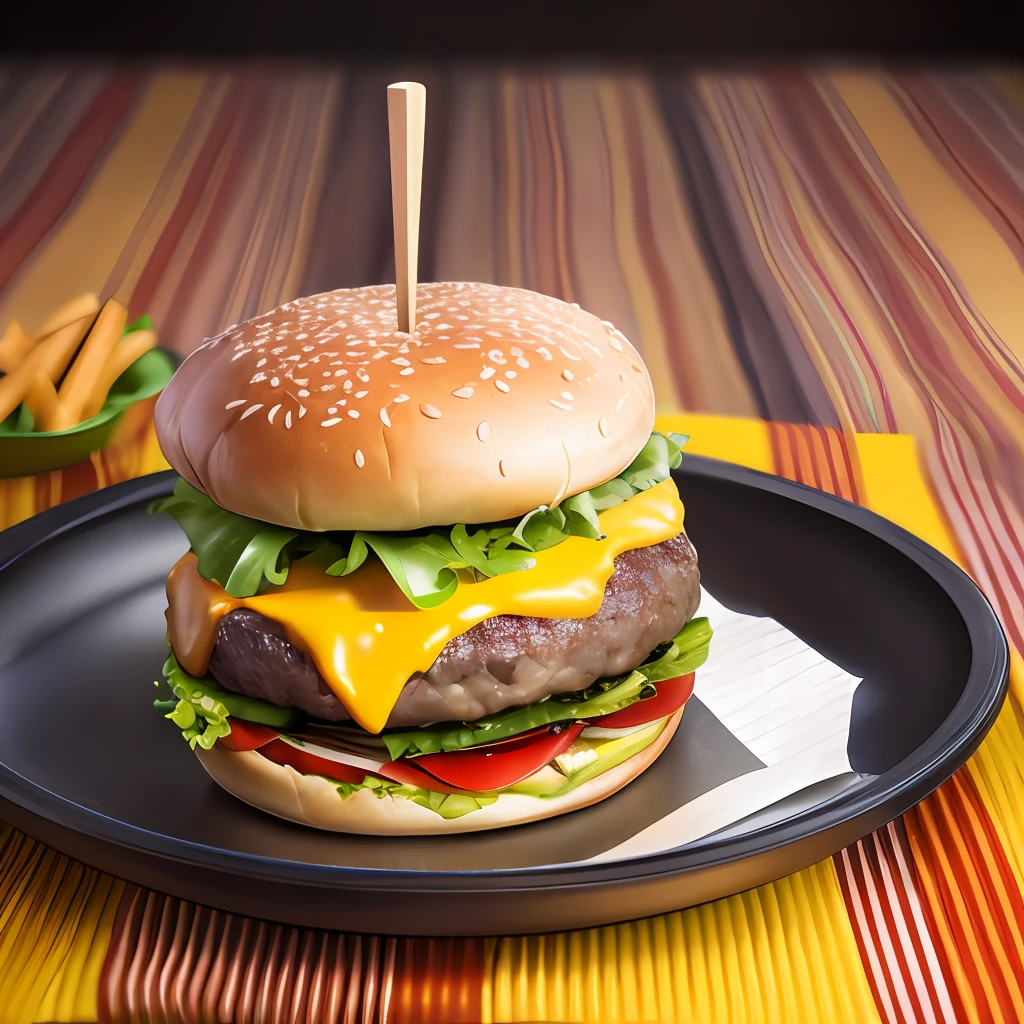 a hamburger with a lot of cheese well-lit, sharp-focus, high-quality, artistic, unique, award-winning photograph, Canon EOS 5D Mark IV DSLR, f/8 aperture, 1/125 second shutter speed, IS0 100, professional lighting setup, Adobe Photoshop, appetizing composition,attention to detail --auto --s2