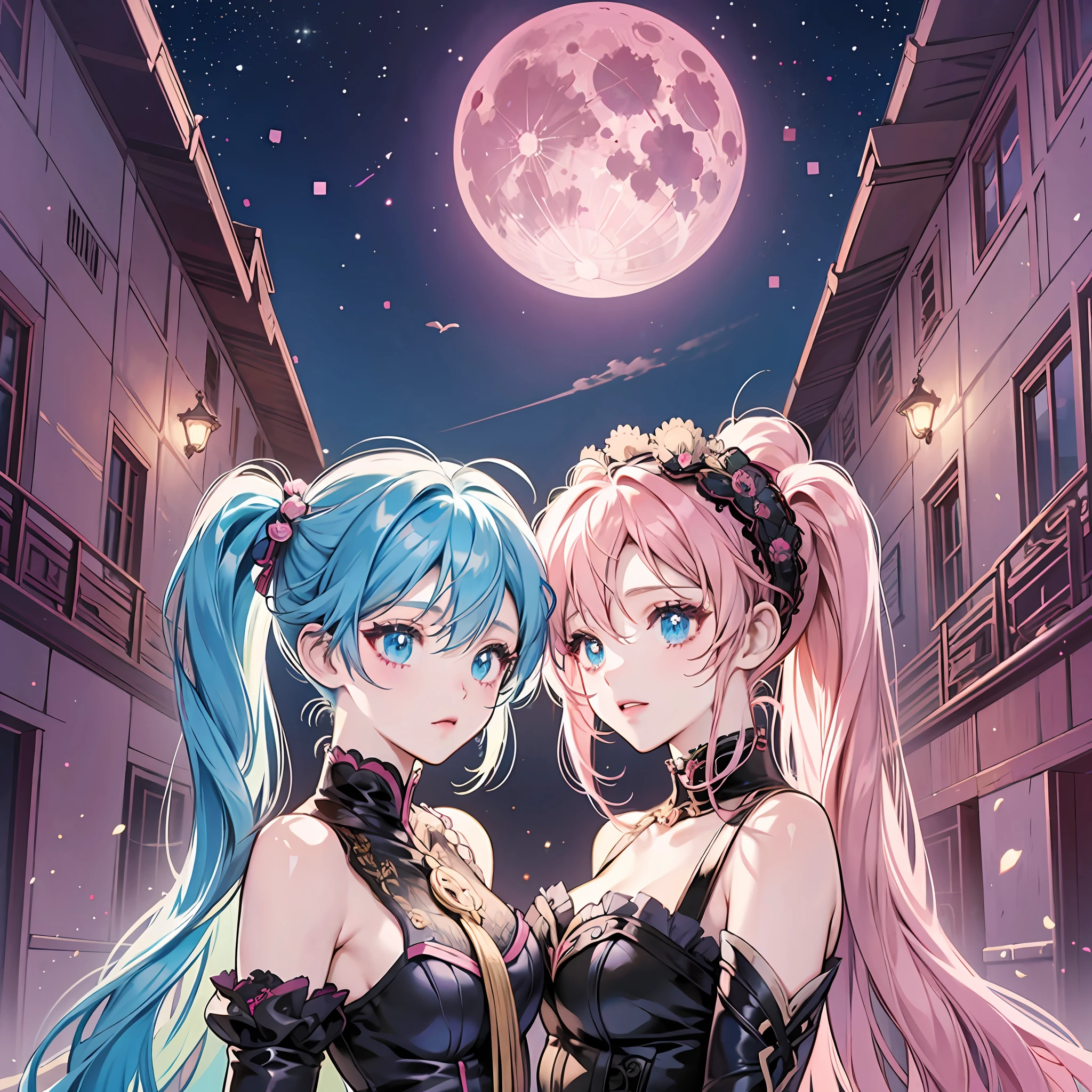 anime girls in sexy costumes posing in front of a full moon, two beautiful anime girls, anime girls, nightcore, anime style 4 k, best anime 4k konachan wallpaper, pink twintail hair and cyan eyes, wlop and sakimichan, two pure moons, twintails, ultra hd anime wallpaper, 4k anime wallpaper --auto --s2