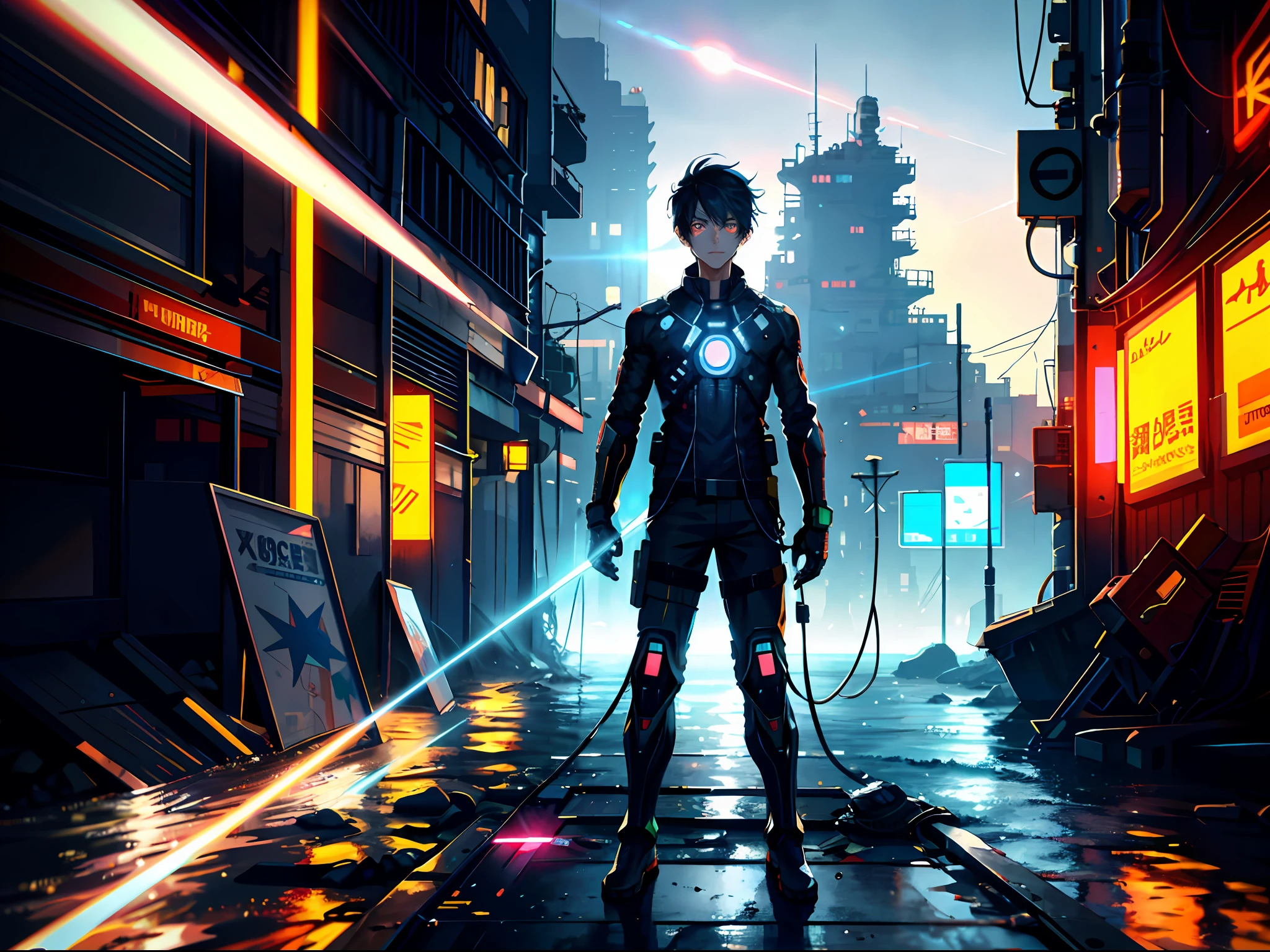 HD clear, best images, illustrations, super detailed, a young teenager in a cyberpunk-style combat suit, standing on a seaside pier with a laser, beam on his head