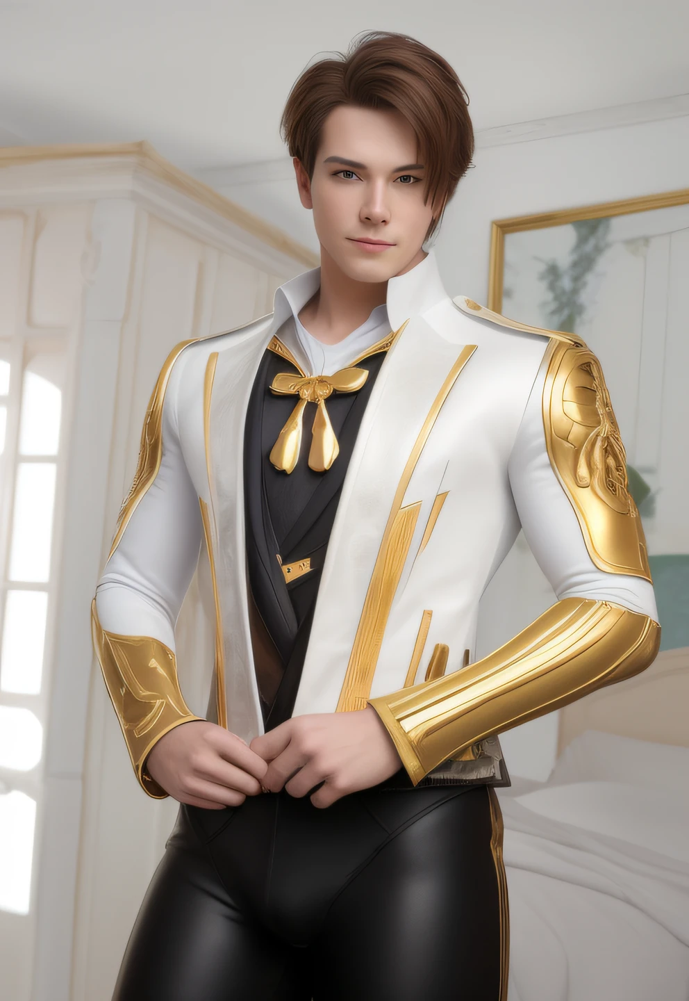 1boy, ~ 20 years old, muscular male, male focus, nsfw, realistic, the golden ratio, full length portrait, symmetrical body, sharp-featured body, tall, burly, highres, slender build, perfect anatomy, shiny skin, skin texture, see-through bangs, buzzcut hair, dark hair, oblique fringe, large bright golden eyes, symmetrical eyes, ahoge, straight nose, roman nose, closed mouth, straight face with no moustachesharp, jawline, double-edged polearm, broad shoulders, large biceps, large pectorals, large areolae, large puffy, normal length of an arm on one side and an arm on the other side, normal length of 5 fingers on one side and 5 fingers on the other side, thumb : index finger : middle finger : ring finger : little finger = 3.3 : 6.6 : 8.5 : 7: 3.3, wedding ring, making fists, nothing in hands, wide hips, aristocratic attire, bdominal stretch, slender waist, biceps implants under clothes, pectoral implants, six-pack implants, triceps, adjusting stand-up collared shirt, adjusting necktie, adjusting jacket, adjusting open leather clothes, adjusting golden leather armbands, adjusting sidelocks, adjusting detached leather sleeves, adjusting leather elbow gloves, double-edged polearm, outfit accessorized with pale yellow sash, golden tracery, gold trim, adjusting leather pants, absurdly large erect under clothes, absurdly large with testicles under clothes, absurdly large bulge, normal length of a thin leg on one side and a thin leg on the other side, acting natural, smiling, handsome, serious, stoic, powerful, toned, solemn, enigmatic nature, stoic exterior hinted by wise and contemplative gaze, noble demeanor, stern, warm, sharp wit, full of wisdom, cheerful grin, from front, looking ahead at viewer, masterpiece, best quality, hyper-detailed, intricate detail, ornate, gorgeous, appealing, unbuttoned, professional photography, realistic, 3D, smooth, sharp focus, matte, elegant, 8k resolution, the most beautiful image ever seen, technique highly detailed, dreamatic lighting, beautiful, post processing, diffuse, ambient lighting, epic composition, ultrawide shot, light effect, up colse portraits of, low angle, high angle, atmospheric, uplight, upscalsed, wallpaper, raytracing reflections, depth of field, gorgeous background, bedroom, lying on the sofa or on the bed