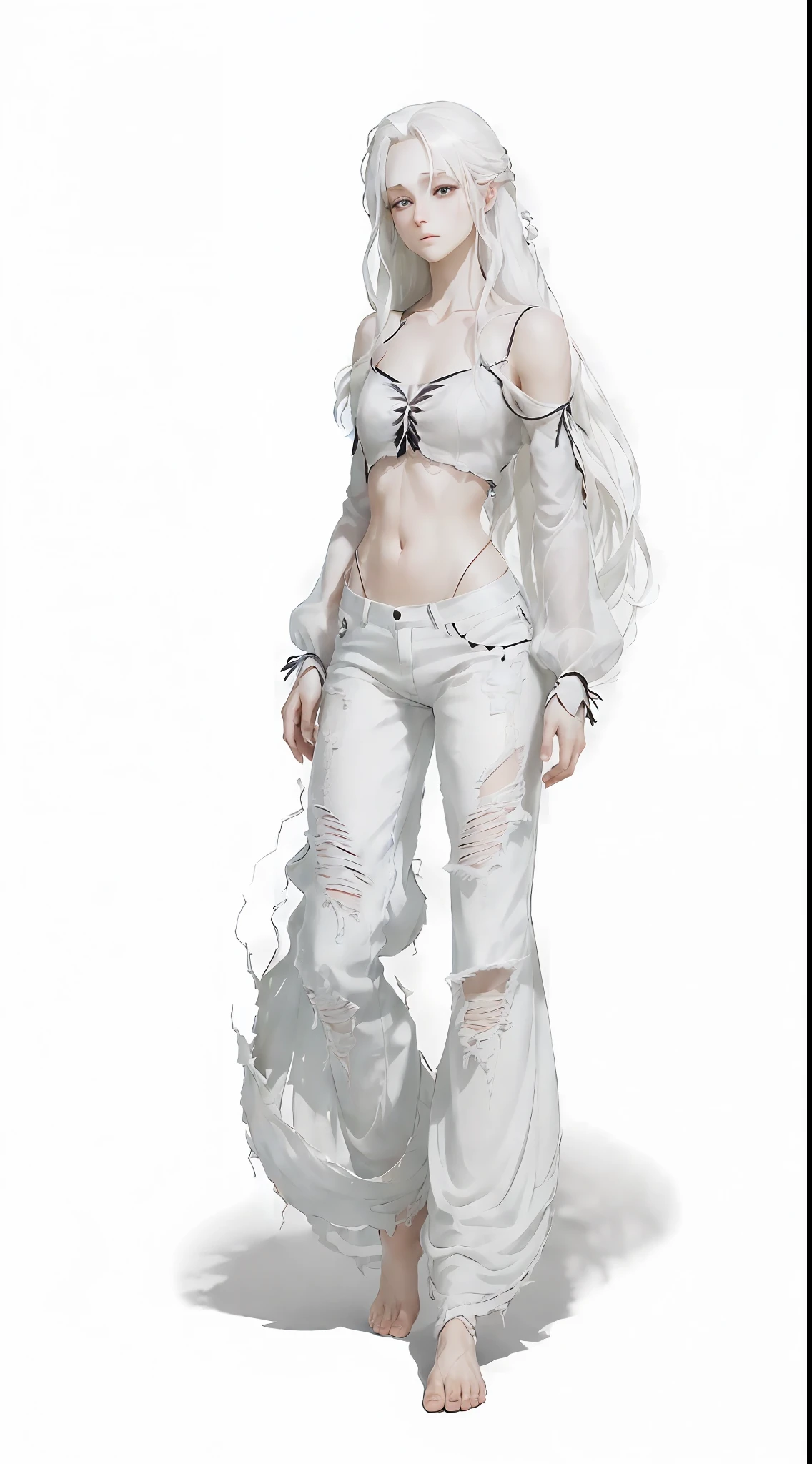(pristine white hair: 1.2) + (existential dread) + (tangled in vines: 1.2) + (torn clothes) + (torn pants * 0.9) + [wide shot] + (barefoot) + (clear toe details) --auto --s2