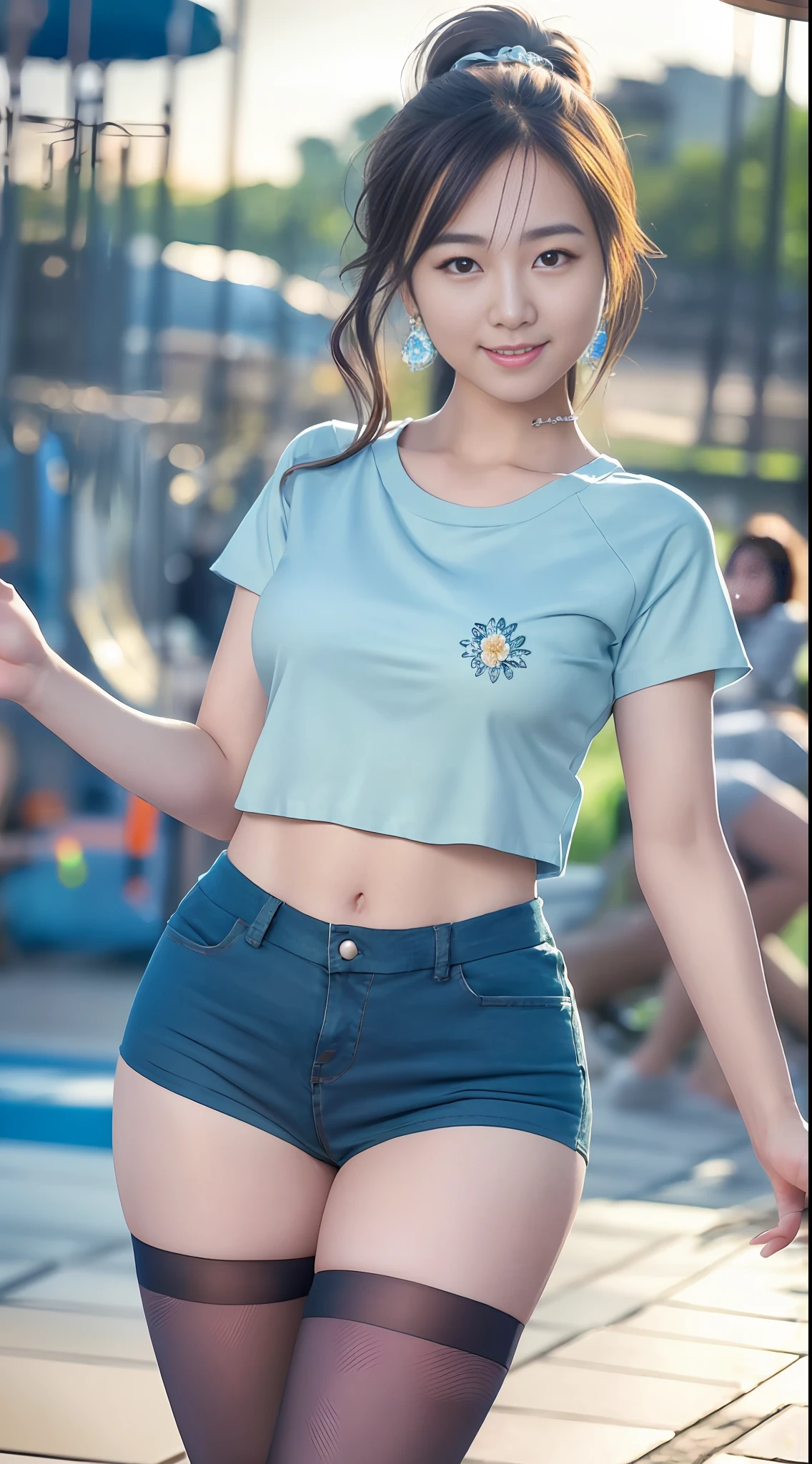 Smiling minchen, mouth closed, balanced eyes, (Best Quality Detail: 1.2), Realistic, 8K HD, Ultra-detailed, High Quality Texture, Intricate Detail, Detailed Texture, Fine Detail, High Detail, Very Detailed CG, Delicate Beautiful Delicate Face, (Delicate Beautiful Delicate Eyes: 1.32), Very Bright Lighting, Ray Tracing, (A Beautiful 25-Year-Old Cute Japanese Lady: 1), Proud, Tall Feminine, Beautiful Legs, Glowing Eyes, Blush, Very White Skin, Perfect Body Petite, Silver Tight Bra, [Brown Skirt]: 1, Stockings and suspenders: 1.2, long hair, short pink skirt, comfortable living room, sun, hands open, earrings, necklace, model, looking at the audience, standing pose, from the side, dynamic pose, front