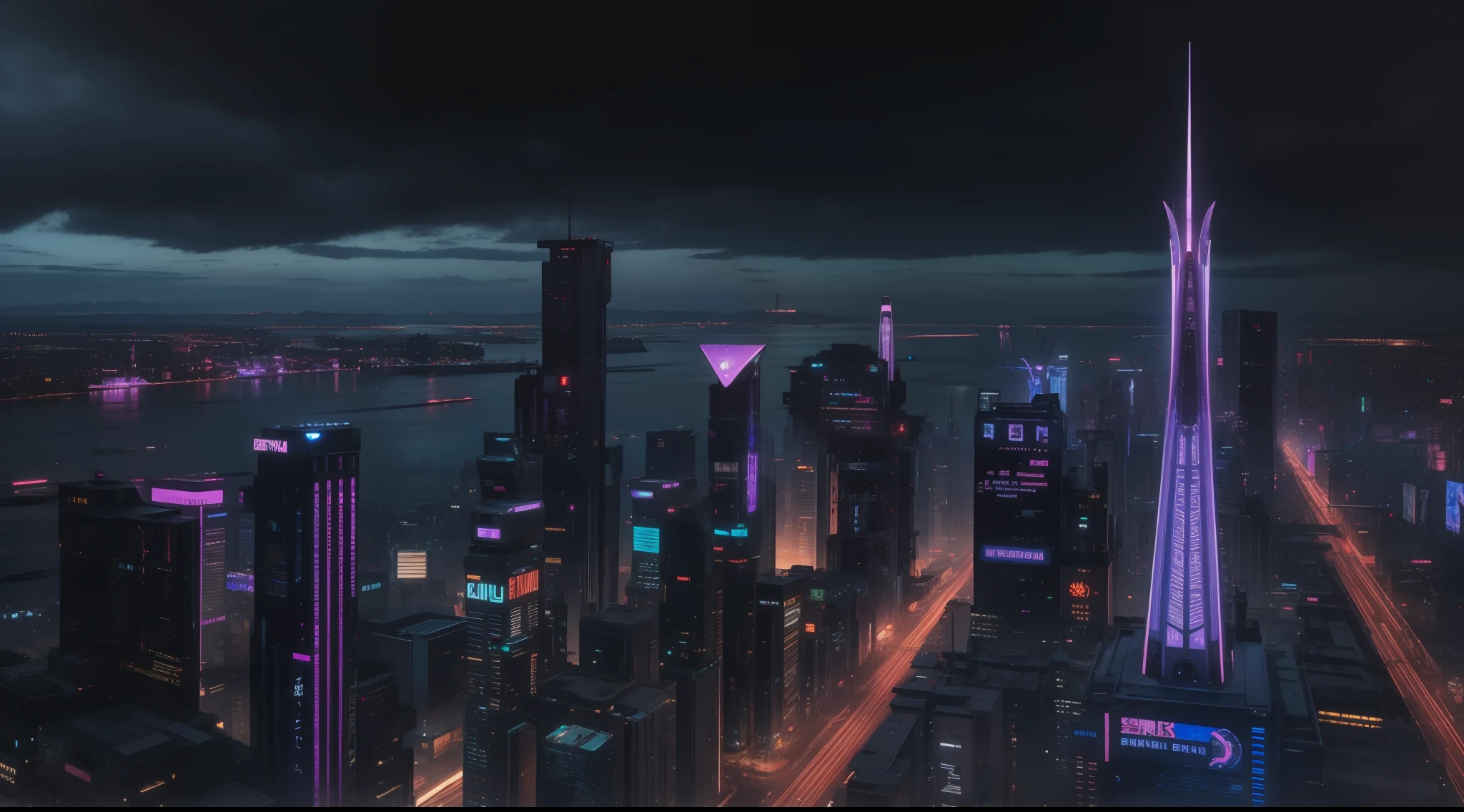 aerial view, cyberpunk city, realistic skyline, cyber urban fantasy, vibrant, photorealistic, realistic, dramatic, dark, sharp focus, 8k