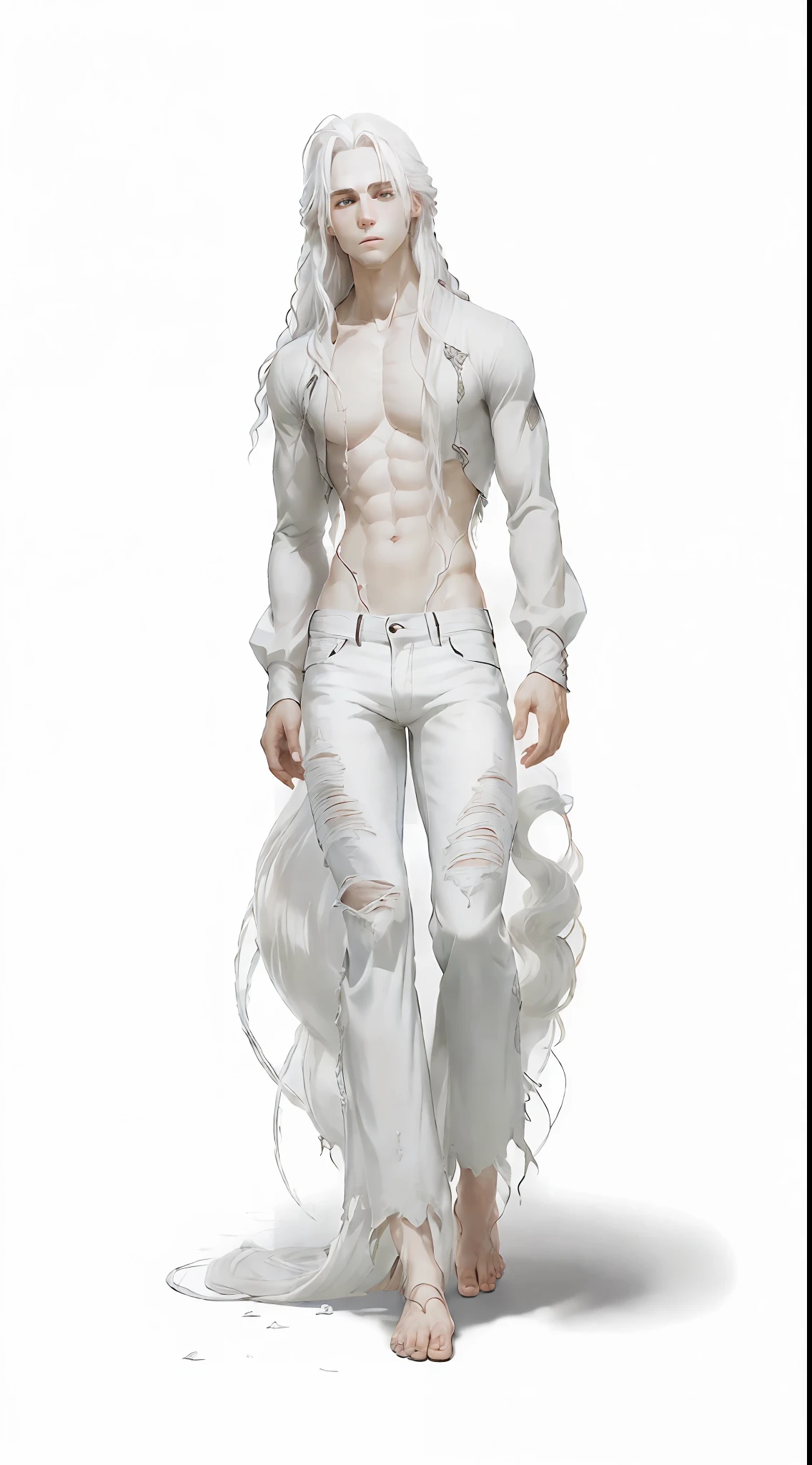 (pristine white hair: 1.2) + (existential dread) + (tangled in vines: 1.2) + (torn clothes) + (torn pants * 0.9) + [wide shot] + (barefoot) + (clear toe details) --auto --s2