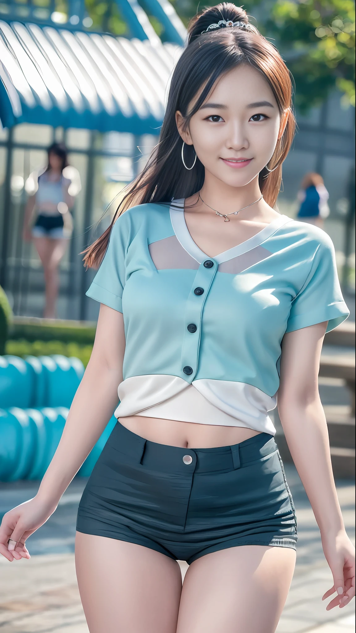 Smiling minchen, mouth closed, balanced eyes, (Best Quality Detail: 1.2), Realistic, 8K HD, Ultra-detailed, High Quality Texture, Intricate Detail, Detailed Texture, Fine Detail, High Detail, Very Detailed CG, Delicate Beautiful Delicate Face, (Delicate Beautiful Delicate Eyes: 1.32), Very Bright Lighting, Ray Tracing, (A Beautiful 25-Year-Old Cute Japanese Lady: 1), Proud, Tall Feminine, Beautiful Legs, Glowing Eyes, Blush, Very White Skin, Perfect Body Petite, Silver Tight Bra, [Brown Skirt]: 1, Stockings and suspenders: 1.2, long hair, short pink skirt, comfortable living room, sun, hands open, earrings, necklace, model, looking at the audience, standing pose, from the side, dynamic pose, front