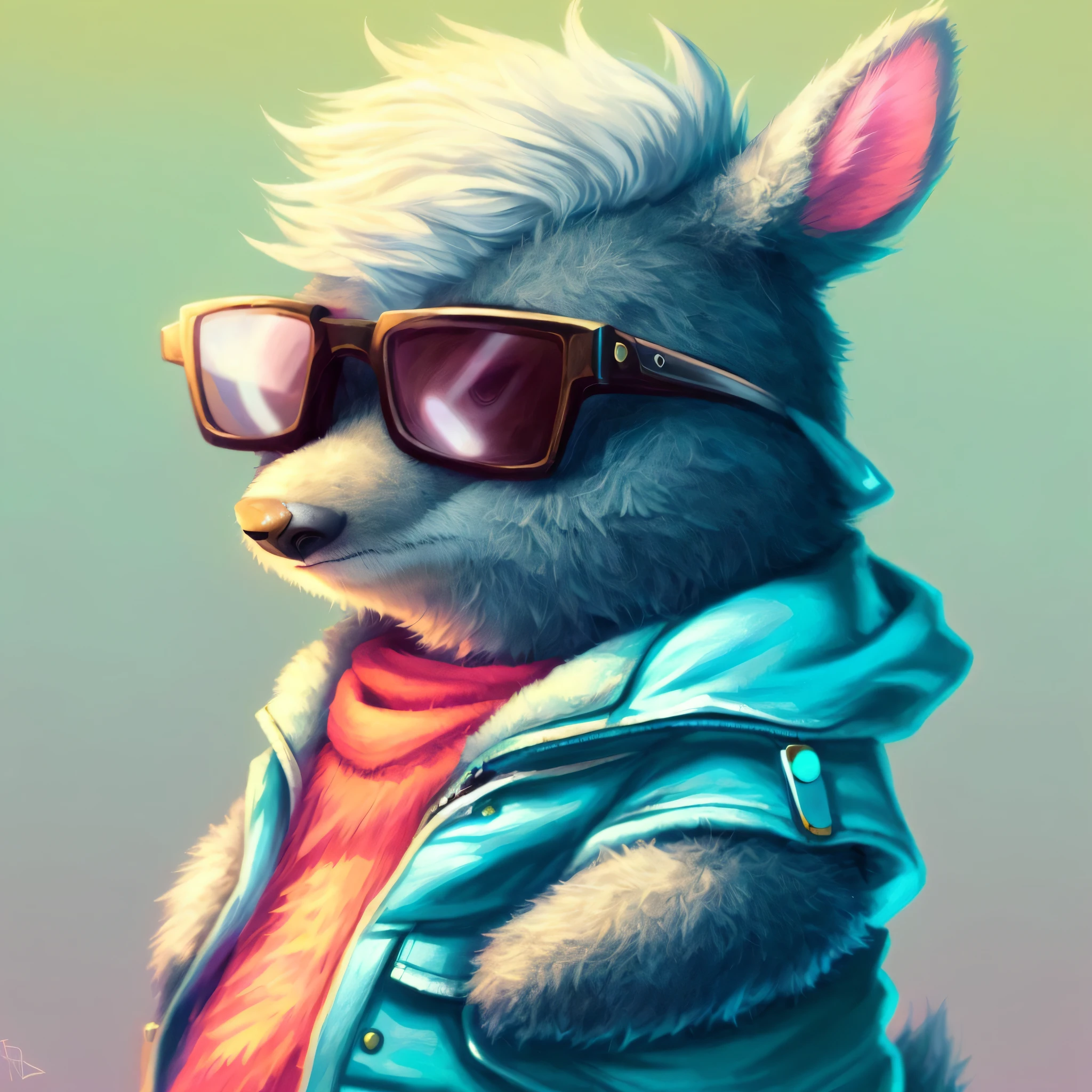 a close up of a cartoon animal wearing sunglasses and a jacket, looking heckin cool and stylish, furry digital art, generic furry style, fursona wearing stylish clothes, furry character portrait, furry art, disney stylized furry, adorable digital painting, furry character, furry artist, ( bear wearing sunglasses, beeple and jeremiah ketner, anthropomorphic furry art --auto --s2