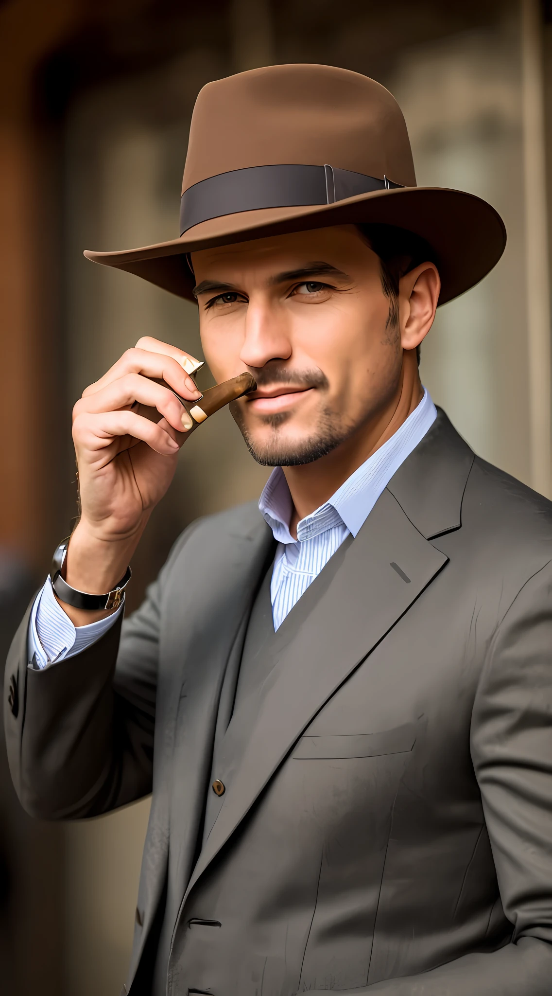 there is a man with a hat and a watch on his arm, with a cigar, smoking a cigar,