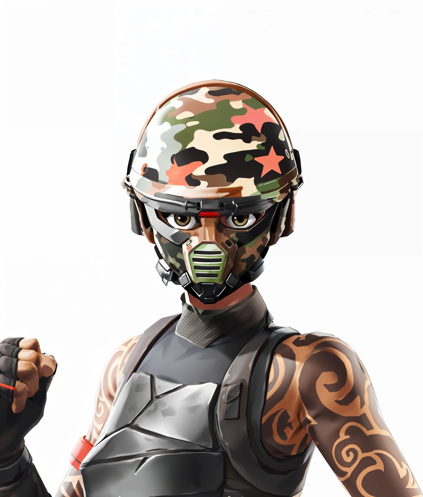 gilr, solo, gilr shirt, brown eyes, portrait, green:1.3,  camouflage:0.7, leather vest, fabric mask:1.2, , arm tattoo:1.3, arm full tattoo,  tanny skin:1:3, short sleeve, sleeveless arm, army camouflage:1.2