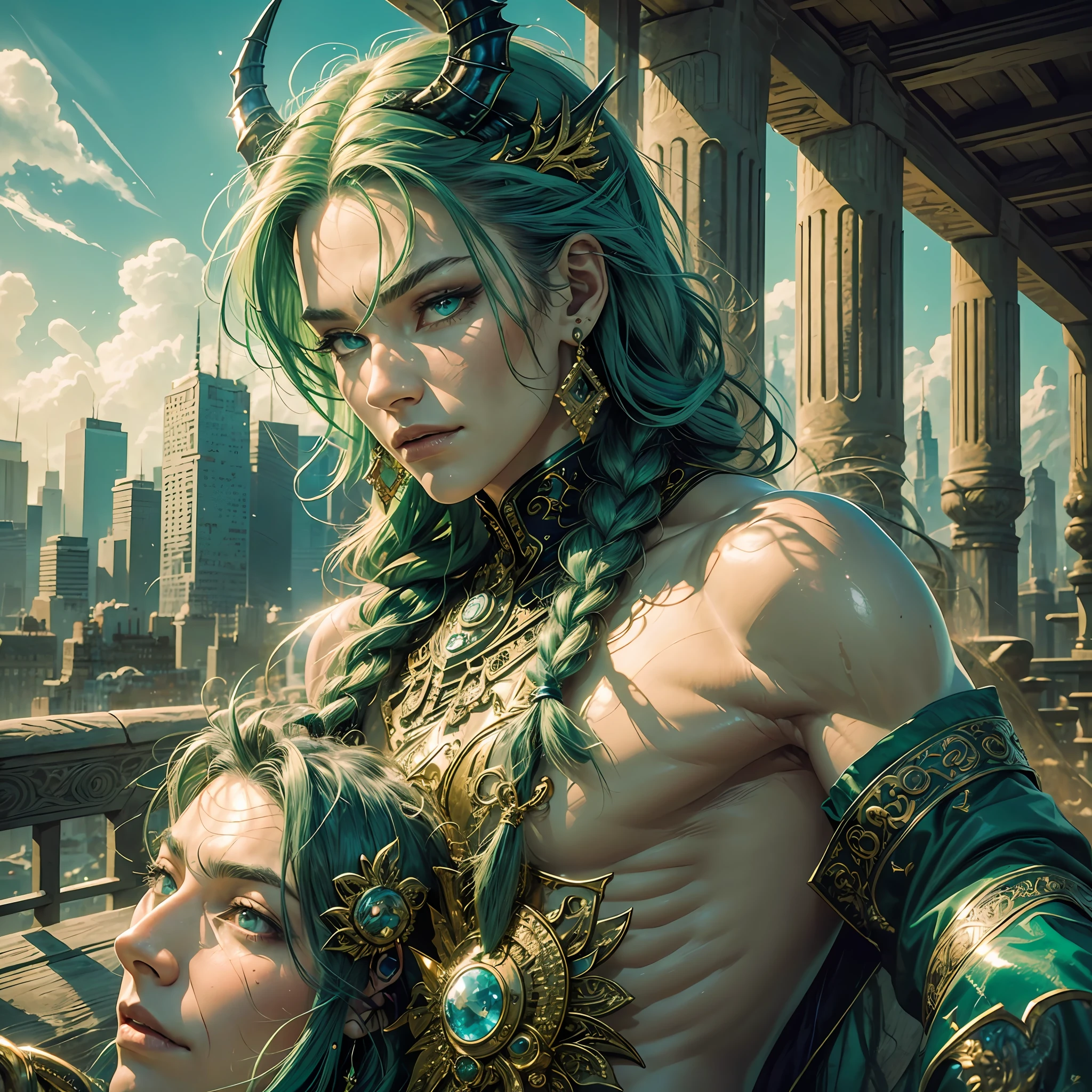 man, masculine, masculine face, attractive, muscular, ((1man)), masterpiece, absurdres, best quality ,intricate details , (shiny skin, shiny body, shiny oily luster skin, shiny hair, pale skintone), Sundown, attractive, ((muscular)), adult, one,medieval clothes, earrings, black pants, Don't look at the view , Not looking at the view, jade green hair, braided hair, perfect detailed face, perfect detailed hands, dragon horns, green eyes, ((MLS)), smirk, medium large shoot --auto --s2