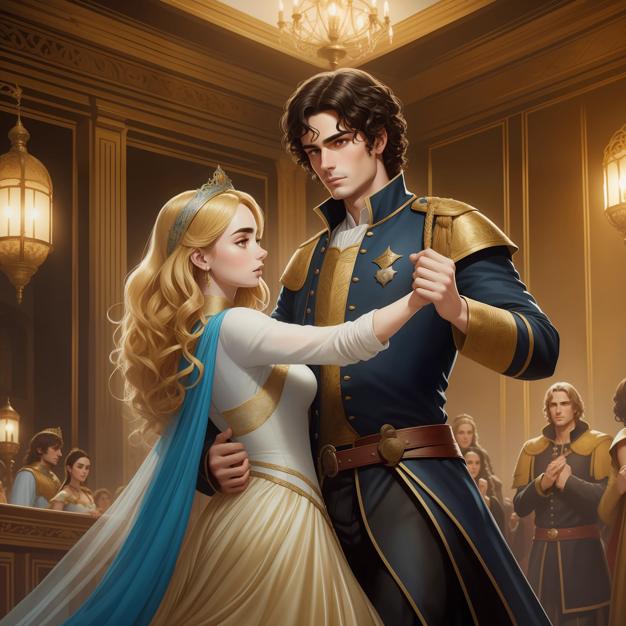 Lily Collins, who has black, curly hair, wears a medieval dress. Neels Visser wears medieval military clothing and has blond hair. The couple is dancing waltz in the ballroom. The illustration is like a book cover, bright, illuminated, ultra-detailed, elegant art Greg Hildebrandt , Citemer Liu, Stjepan Sejic, Samyang, Aykut Aydogdu, Justin Gerard
