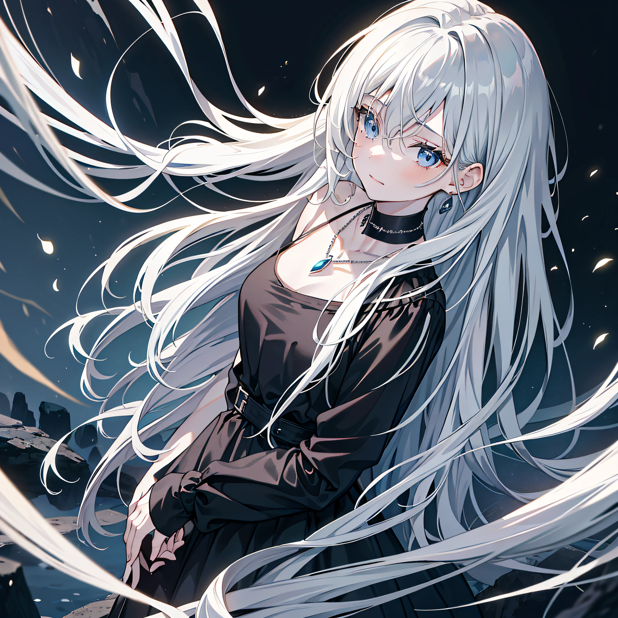 Anime girl with long white hair and blue eyes standing in front of a ...