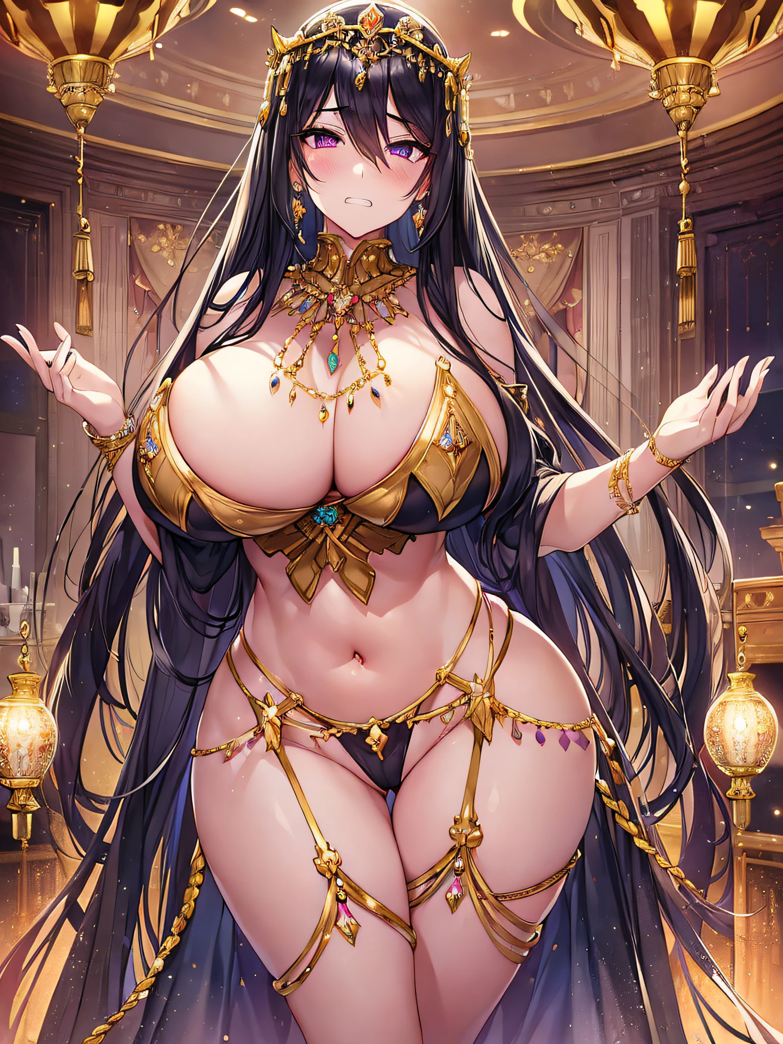 ((vulgarity)),((anime moe artstyle)),((Masterpiece)), (Best Quality), (Super Detail), Illustration, ((Very Delicate and Beautiful)),Dynamic Angle,Looking at viewer,((((Solo)))),(((Full body))),(((1 arrogant empress standing in the royal bedroom))),gleaming skin,(nude),((((gigantic breasts)))),cleavage,(((Gorgeous jeweled Nipple pasties))),(((jeweled crotch))),(gold trim),(arrogant),(((clenched teeth))),(((blush))),(Purple eyes),Sharp eyes,Detailed Face, Long Eyelashes,Jet Black Hair,Straight Hair,((Very Long Hair)),((Bangs between eyes)),((curvy)),navel piacing, waist jeweled brooch,jeweled thigh strap, jeweled arm ring, anklet, jeweled armlet,long gloves,Beautifully Gorgeous jeweled big tiara,Beautifully Gorgeous gem earrings,Beautifully Gorgeous jeweled necklace,Beautifully Gorgeous jeweled ornaments,indoor,light particles,royal bedroom,