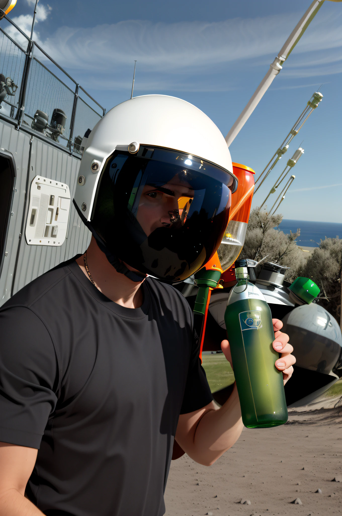 There is an astronaut wearing a helmet and holding a green bottle, wearing astronaut helmet, black visor, wearing a round helmet, helmet on face, wearing helmet, closed visor, visor over face, visor user's point of view, technology helmet, white helmet, in space
