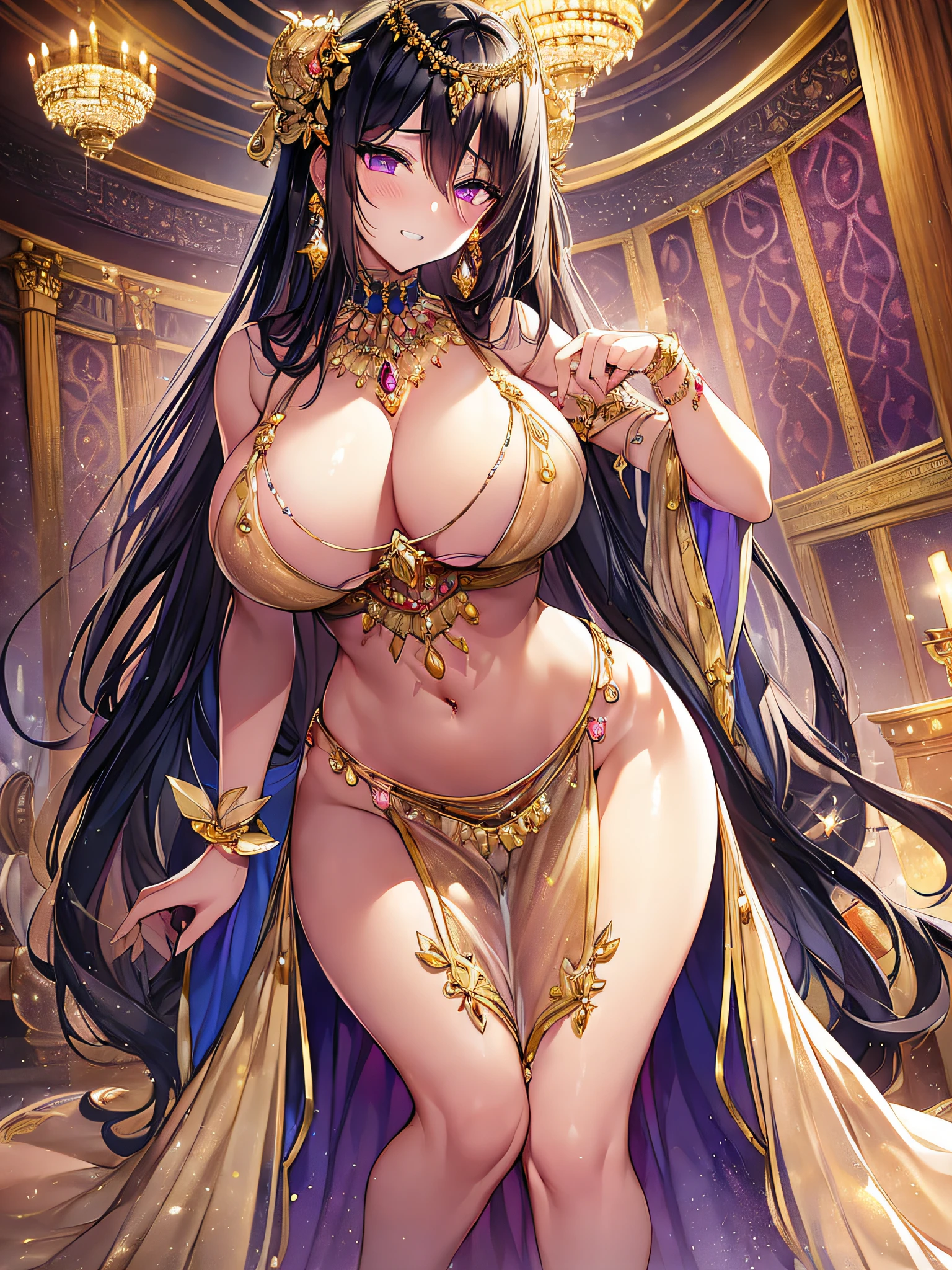 ((vulgarity)),((anime moe artstyle)),((Masterpiece)), (Best Quality), (Super Detail), Illustration, ((Very Delicate and Beautiful)),Dynamic Angle,Looking at viewer,((((Solo)))),(((Full body))),(((1 arrogant empress standing in the royal bedroom))),gleaming skin,(nude),((((gigantic breasts)))),cleavage,(((Gorgeous jeweled Nipple pasties))),(((jeweled crotch))),(gold trim),(arrogant),(((clenched teeth))),(((blush))),(Purple eyes),Sharp eyes,Detailed Face, Long Eyelashes,Jet Black Hair,Straight Hair,((Very Long Hair)),((Bangs between eyes)),((curvy)),navel piacing, waist jeweled brooch,jeweled thigh strap, jeweled arm ring, anklet, jeweled armlet,long gloves,Beautifully Gorgeous jeweled big tiara,Beautifully Gorgeous gem earrings,Beautifully Gorgeous jeweled necklace,Beautifully Gorgeous jeweled ornaments,indoor,light particles,royal bedroom,