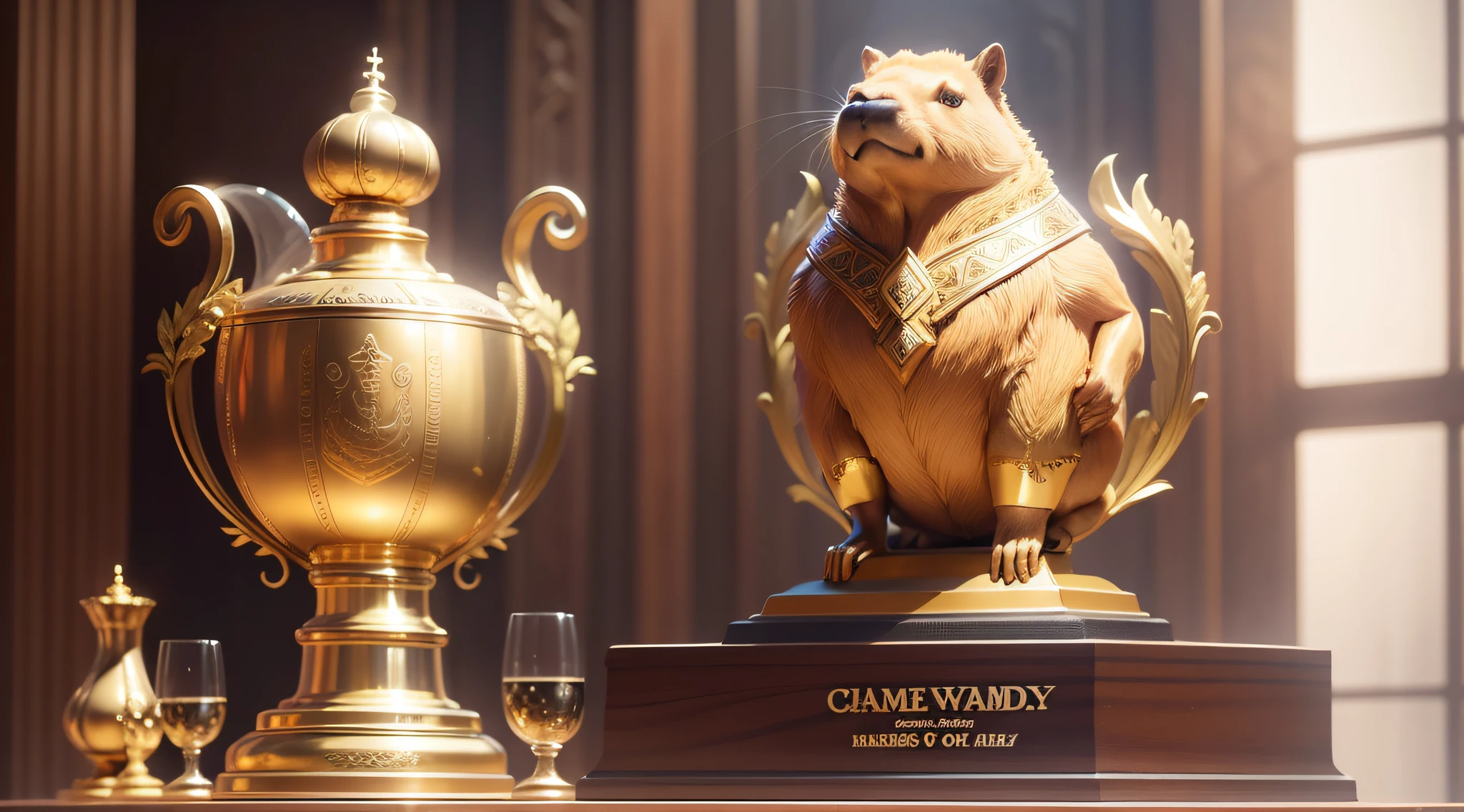 Instructions for the image creator:
You must create an impressive trophy with a capybara standing, which will be the trophy itself. The capybara will be holding a chess piece in his hand, representing the king. The capybara will be made of gold, with precise and realistic details.
The trophy holder will be rounded and made of ivory and mahogany, creating an elegant base for the capybara. The support should be proportional to the size of the trophy and harmonize with the figure of the capybara.
On the front of the trophy, in the wooden part, should be written in high relief: "First Capybara Tournament of Brazil - First Place Trophy". This inscription must be clear, legible and give a prominent aspect to the trophy.
Pay attention to detail, both on the capybara and on the stand and inscription, to create a top-notch piece that conveys the importance of the trophy.
Now, use your skills to bring this unique and impressive trophy to life, following all the guidelines provided. --auto --s2