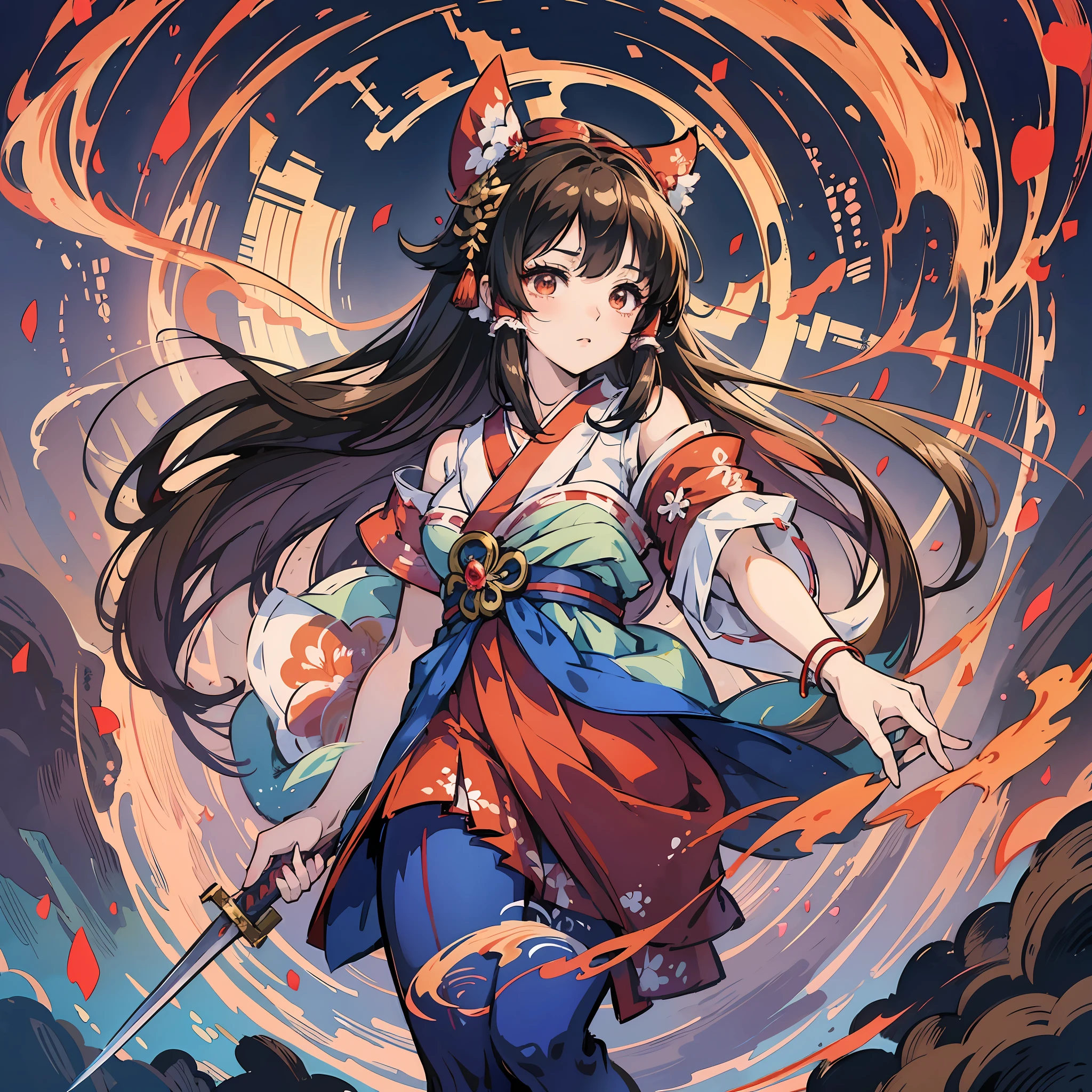 Anime girl in kimono costume with sword and sword, Ayakahara God Impact, cute anime wife in nice dress, Kantai collection style, anime moe art style, anime girl with long hair, charming anime girl, female anime character, artistic rendering of Reimu Shiramine, smooth anime CG art, anime wife --auto --s2