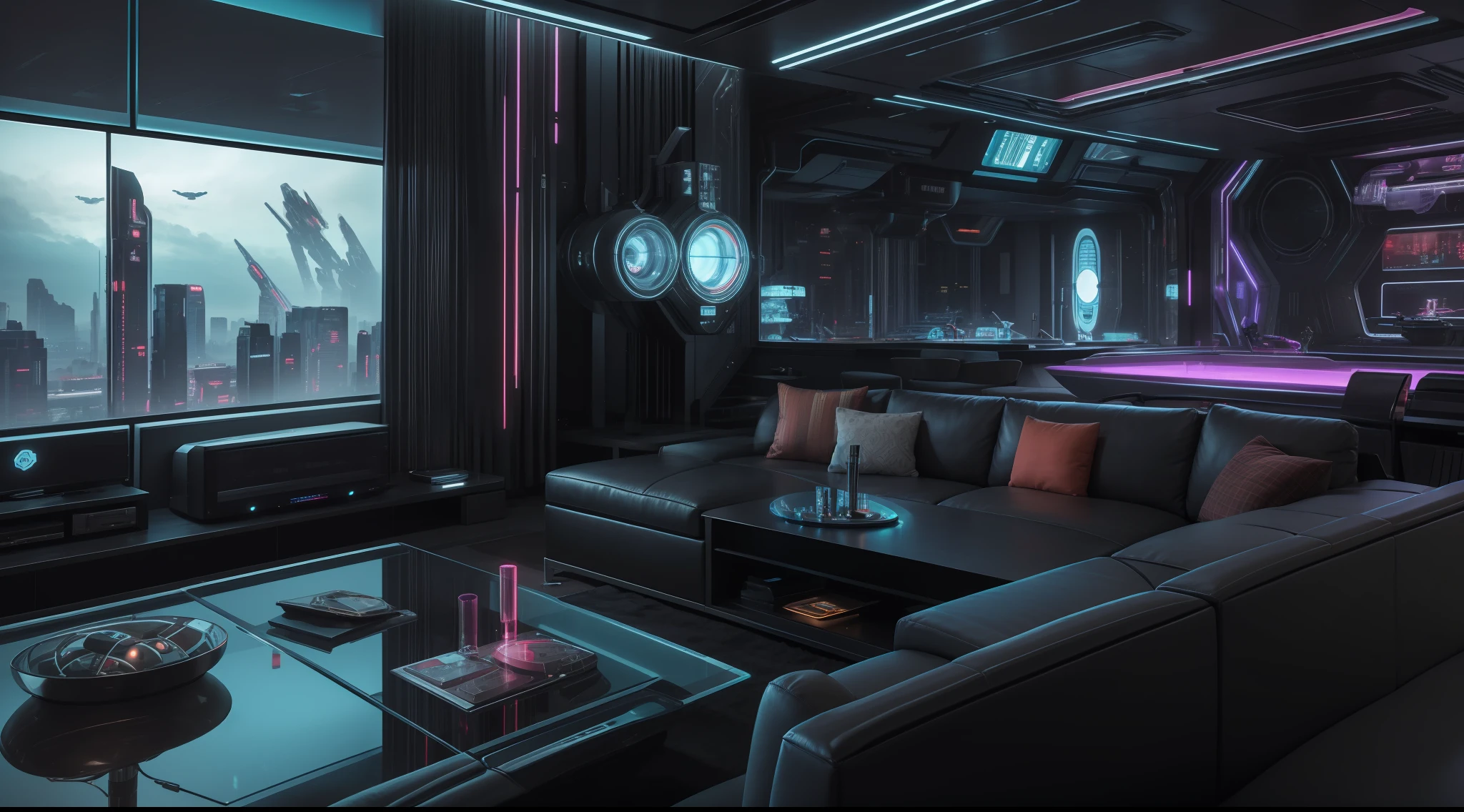 arafed living room with a large couch and a large window, futuristic looking living room, retro futuristic apartment, futuristic room, futuristic interior, futuristic room background, futuristic decor, bladerunner apartment, spaceship interior, sci - fi interior, cyberpunk apartment, sci fi engine room living room, gaming room in 2 0 4 0, scifi room, the cyberpunk apartment