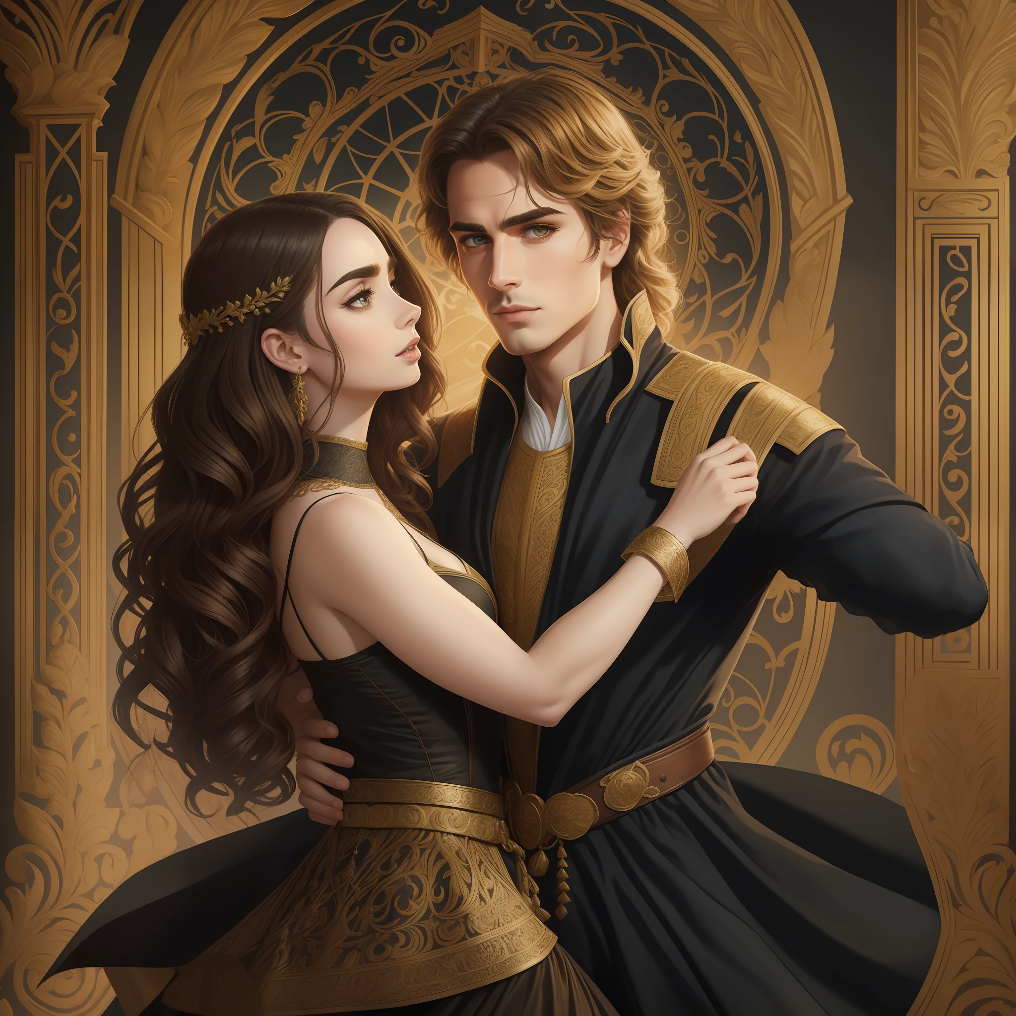 Lily Collins, who has black, curly hair, wears a medieval dress. Neels Visser wears medieval military clothing and has blond hair. The couple is dancing waltz in the ballroom. The illustration is like a book cover, bright, illuminated, ultra-detailed, elegant art Greg Hildebrandt , Citemer Liu, Stjepan Sejic, Samyang, Aykut Aydogdu