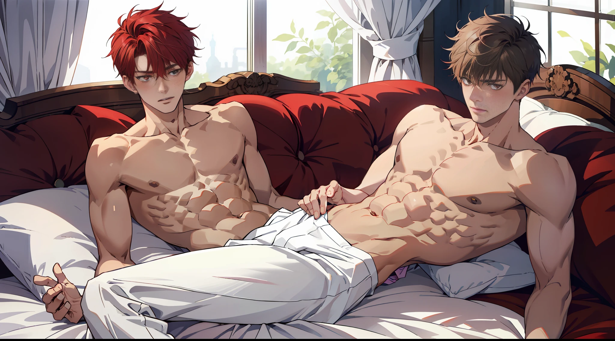 man in white underwear sitting on a bed with a red blanket, twink, , teen boy, hame pale, mature, muscular young man, smooth red skin, very smooth, anton, teenage boy, dylan cole, white skirt and barechest, well proportioned, cute, blushing, two men, leaning over, legs in lap