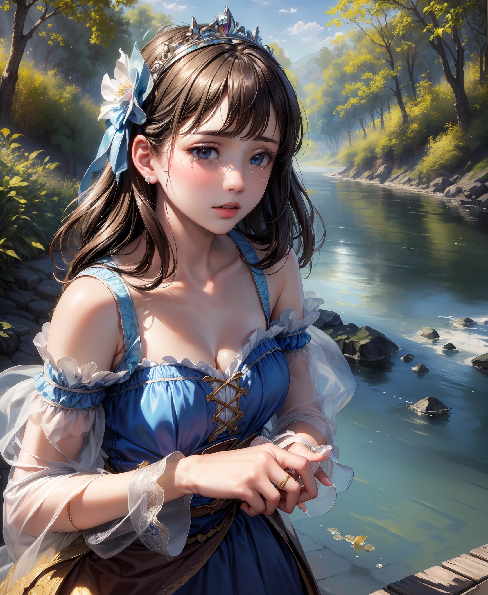 (Masterpiece), (Best Quality), (Super Realistic), (Illustration), (Cinderella), (Wearing Old Clothes), (Going to the River to Fetch Water), (Dirty Face Reflected in the River), (Tears of Sorrow), (Shoulders Trembling), (Lonely and Desperate)